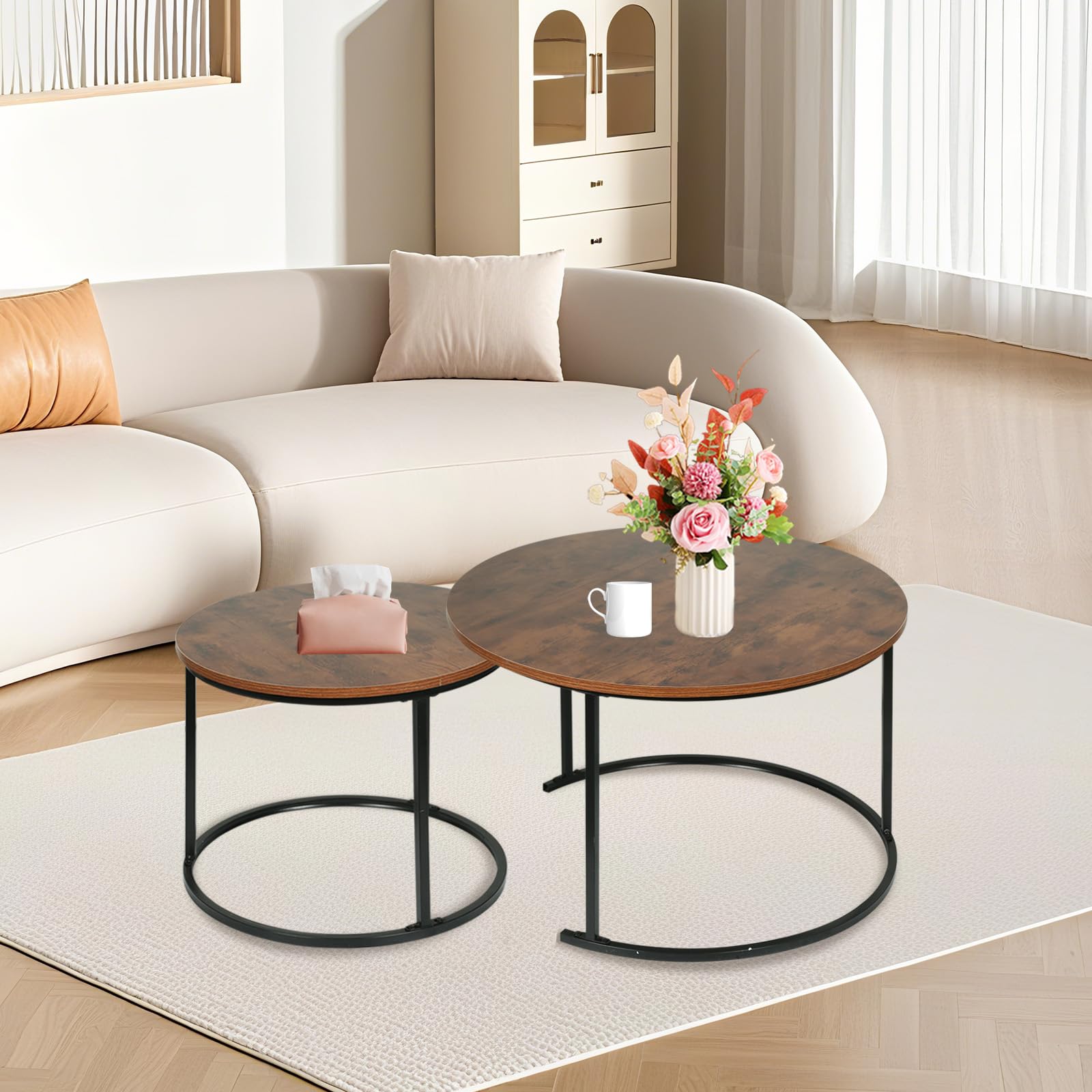 OHMG Lot de 2 Tables Basses gigognes,Table Basse Ronde,Empilable,Design Industriel,Table Basse de Salon,Pieds en métal,Tables de d'appoint,70/50CM Effet marbre (Bois foncé+Noir-70 * 70 * 45cm)