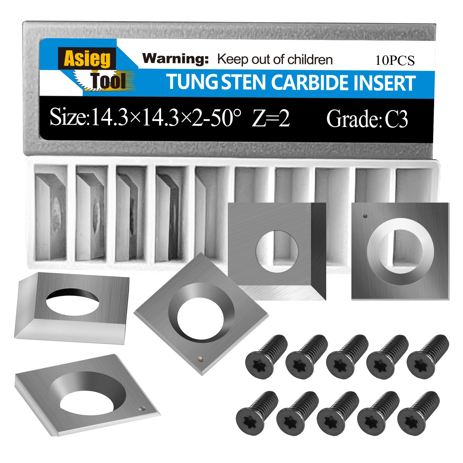 Asieg Tool 14.3x14.3x2.0-50° Carbide Inserts Cutters Knives 2 Cutting Edges for Cutech Tool Planer Jointer 40700H-CT 4700HC-CT 40100H-CT 40600H-80100-