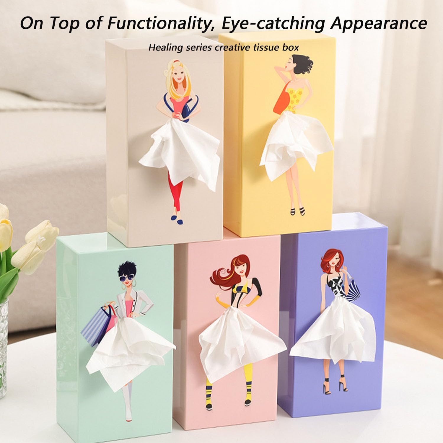 Cartoon Girl Tissue Box, Cute Lady Skirt Tissue Box Cover, Creative Tissue Holder Facial Tissues Dispenser for House Bathroom Living Room Bedroom Office (Green)