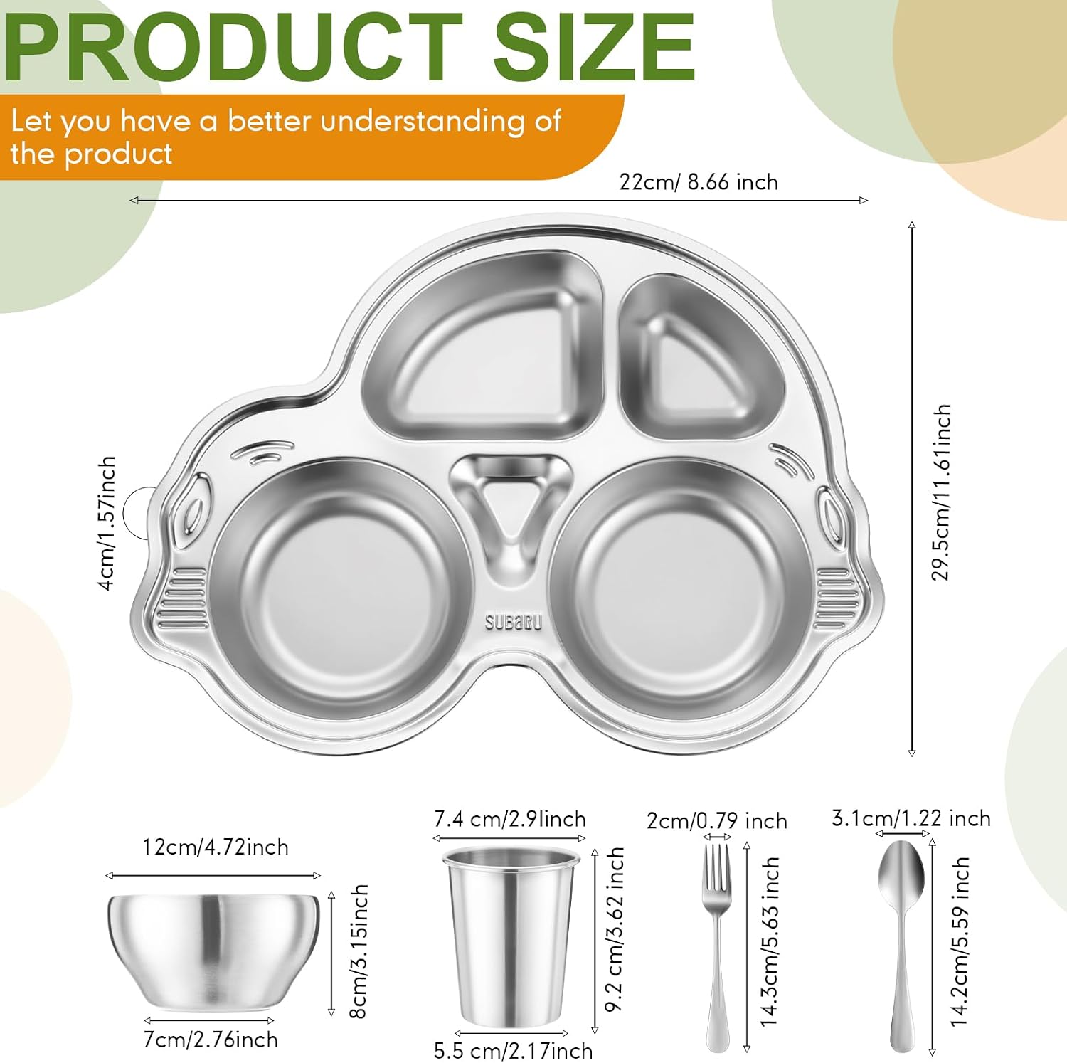 Jinei 10 Pieces Kids Stainless Steel Utensils Set Include 2 Car Shaped Plates, 2 Bowls, 2 Cups, 2 Spoons, and 2 Forks, Stainless Steel Dinnerware Set for Toddler Utensils Silverware