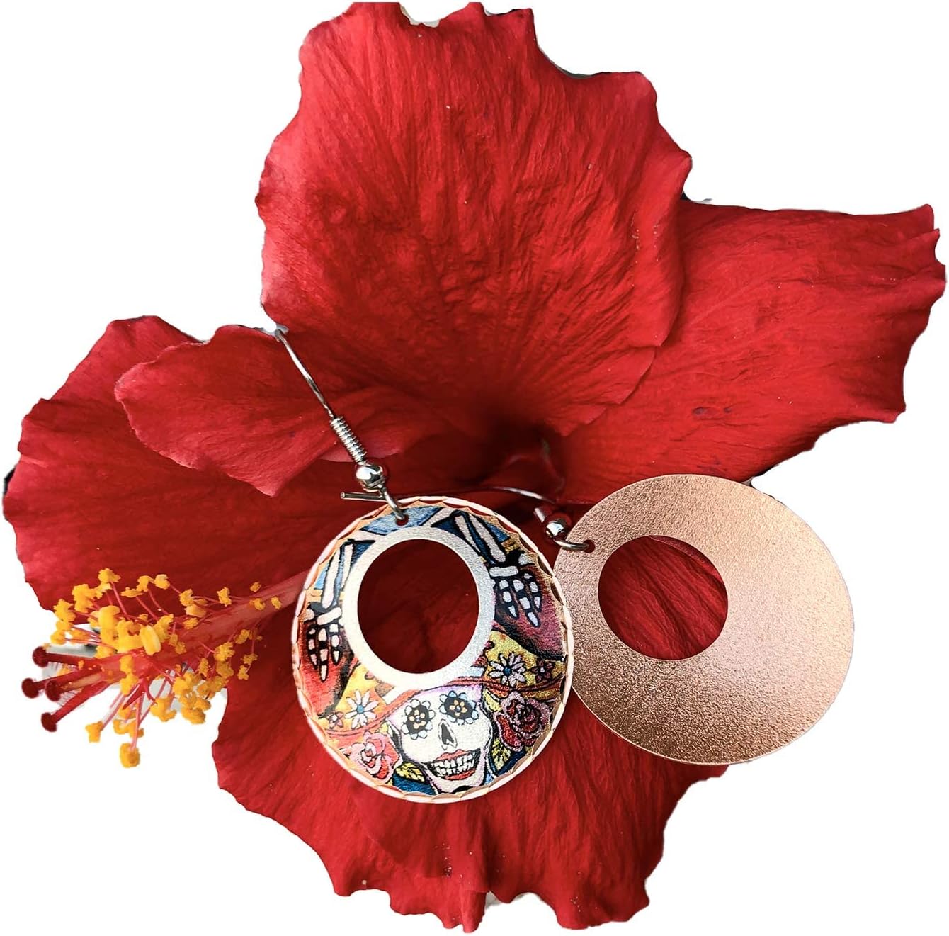 FRONT LINE JEWELRY Day of the Dead Earrings for Women – Calaveras Sugar Skull Hoop Earrings, Día de los Muertos Copper Handcrafted Skull Jewelry