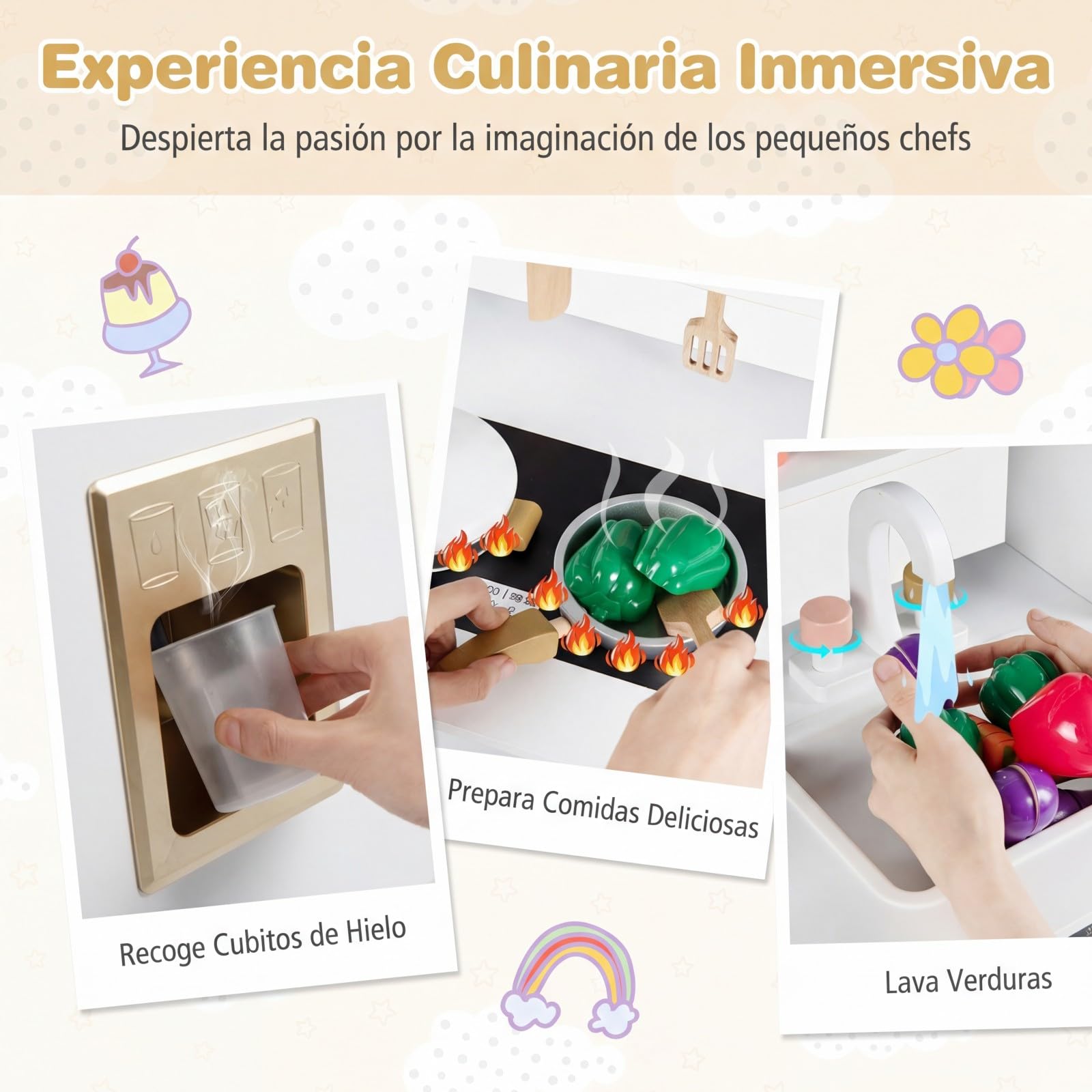 COSTWAY Cocina de Juguete para Niños, Cocinita Infantil de Madera con 17 Accesorios, Horno, Máquina de Hielo y Estufa, Cocina de Juguete para Juegos de rol, para Niños de 3+ Años (Blanco)