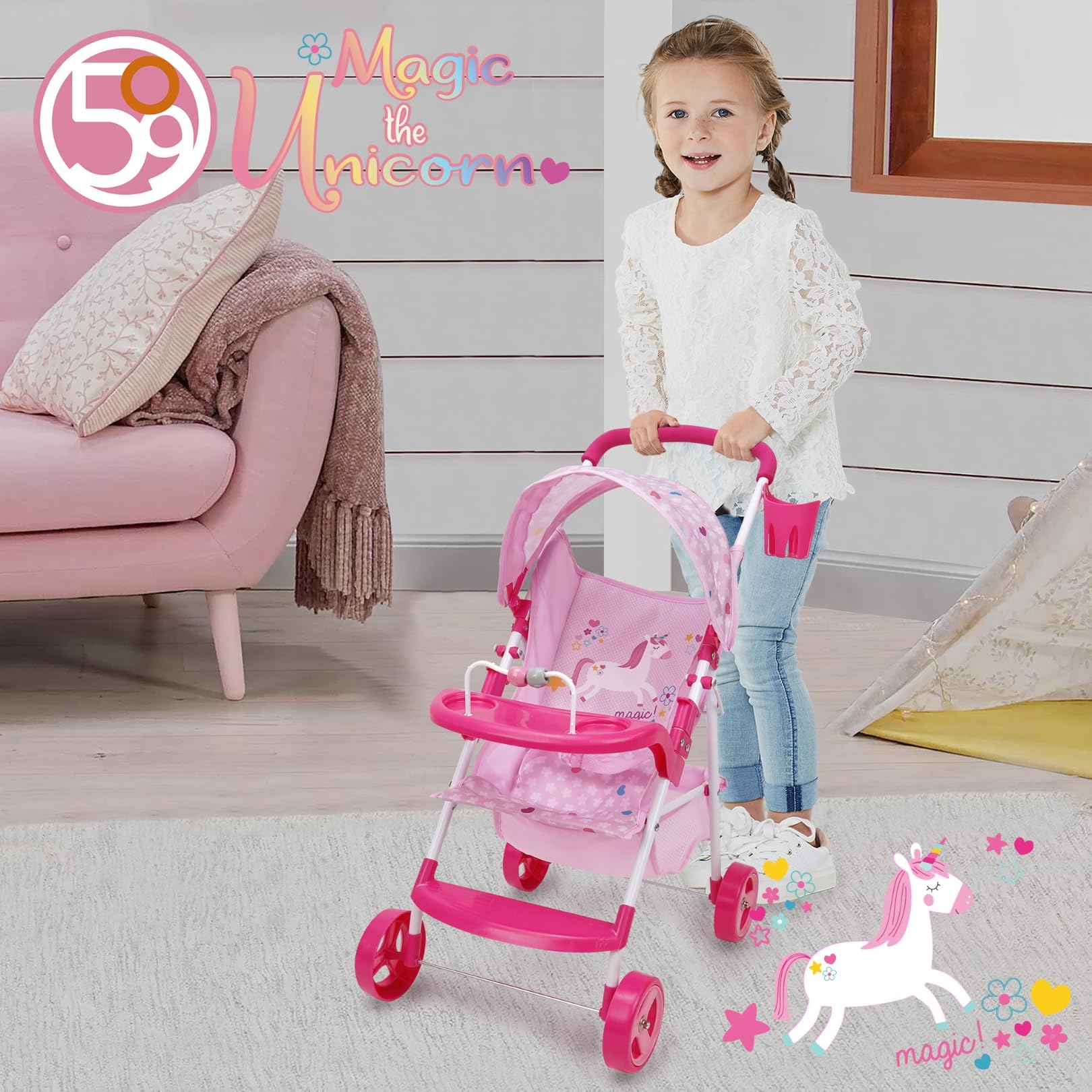 Travel Stroller 509: Mermaid Twin Doll Stroller W/ Retractable