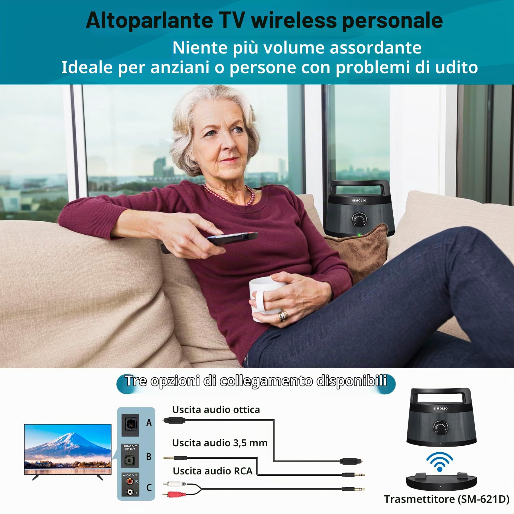 SIMOLIO Wireless TV Speaker Handy, Wireless Altoparlante Portatile per TV Senza Fili per Anziani, Connessione Ottica/RCA/AUX, Nessun Ritardo, Cuffia Extra Inclusa - SM-621D