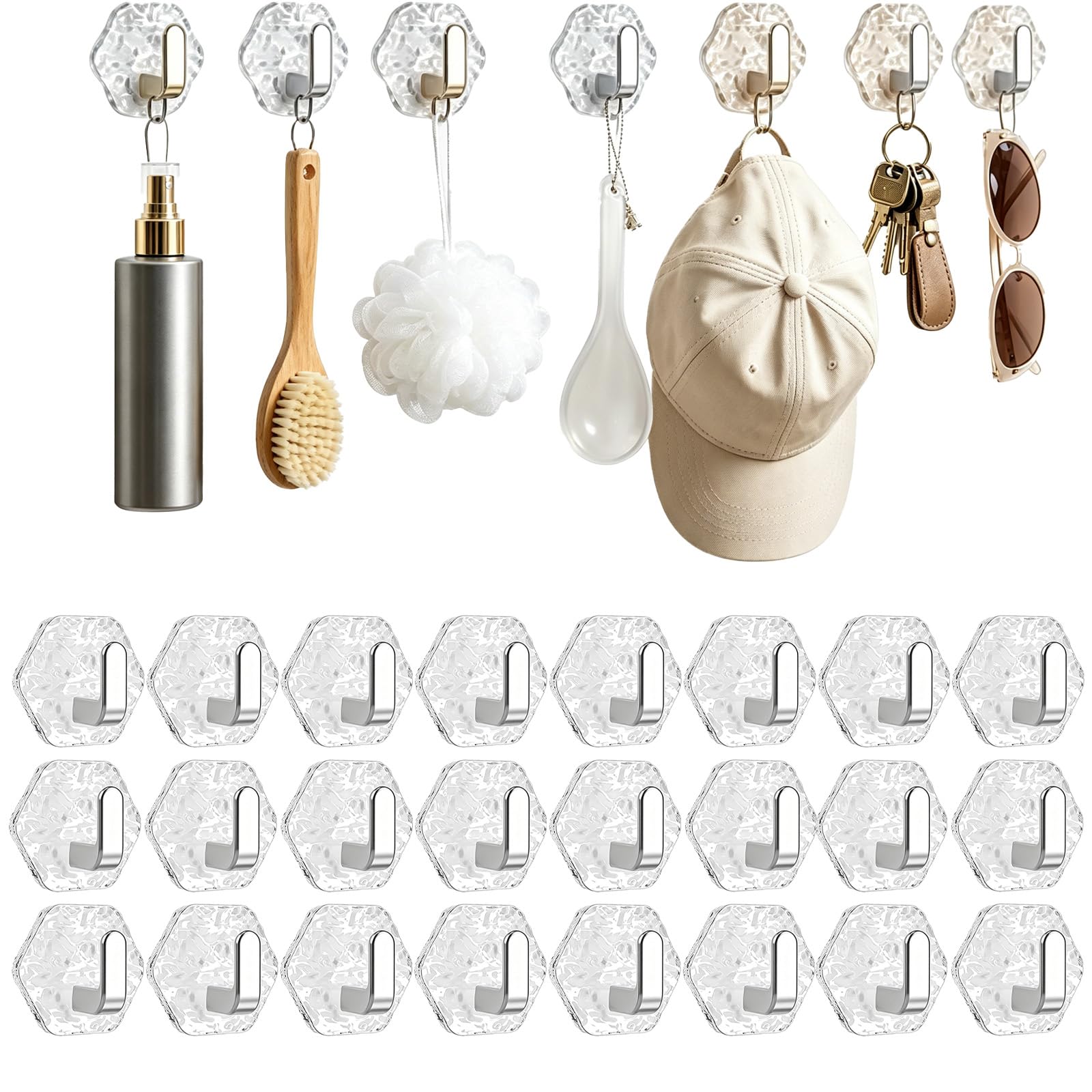 Dawhare Water Ripple Hexagonal Self Adhesive Hooks, Transparent Wall Hanging Luxury Key Hook, Heavy Duty Waterproof Adhesive for Towels, Keys & Home Decor (24silver)