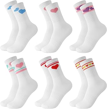 Utensilsto 6 Paar Herz Tennissocken für Damen Sportsocken Damen 39-42 Weiß Socken mit Streifen Herz Laufsocken Tennis Sport Socken mit Streifen Crew Socks Arbeitssocken