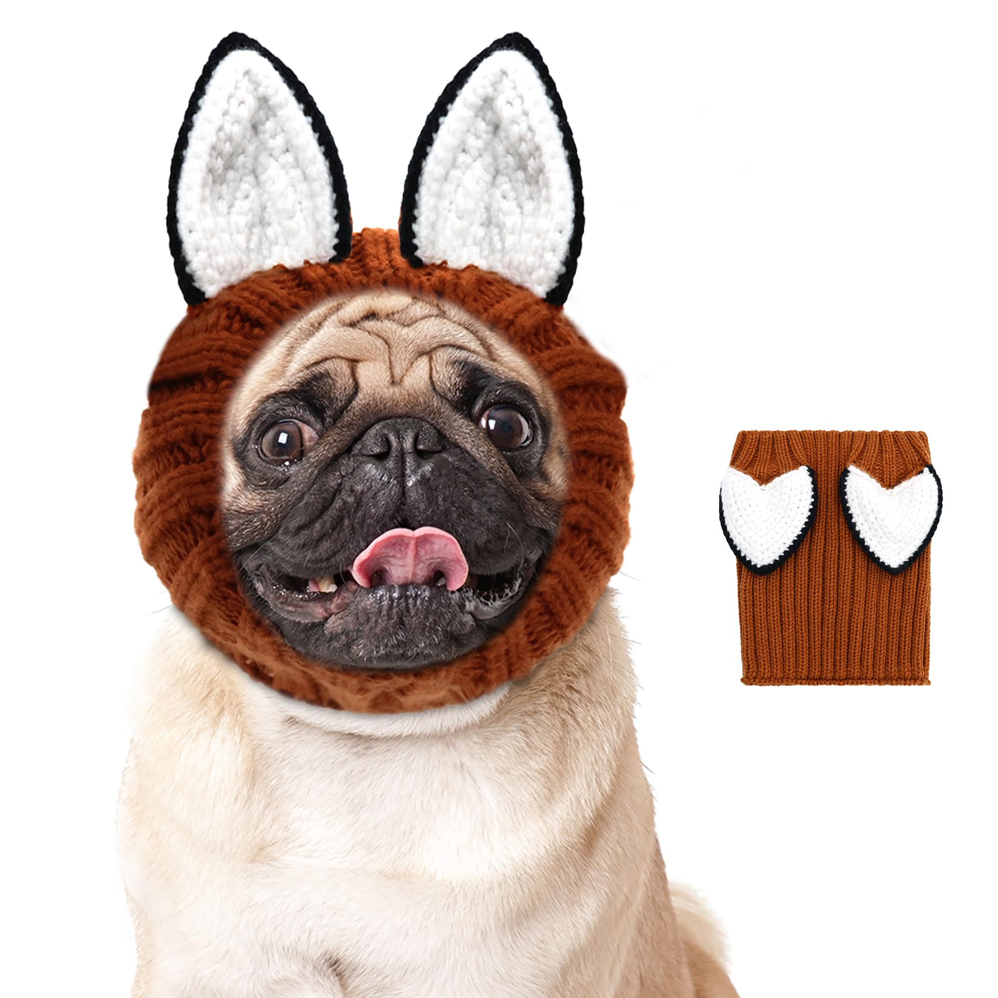 NACOCOKnit Ear Wrap Snoods - Dog Fox Costume Halloween Christmas Fox Ear Covers Hood, Warm Outfit Funny Cute Winter Knitted for Small Medium Pet(S)