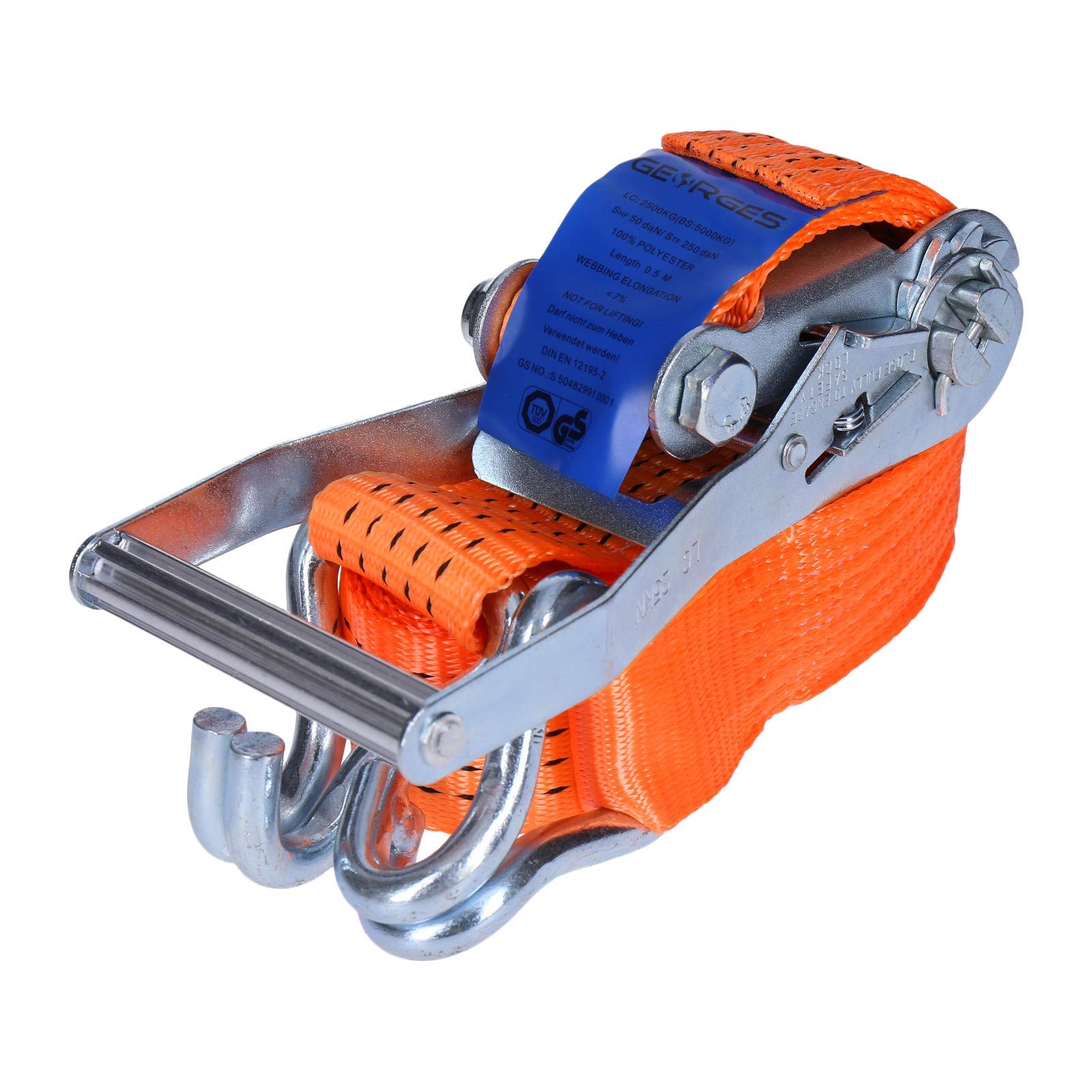 Sangle D'arrimage Automatique PETEX - 5 M X 35 Mm - Charge 1000/2000 DaN - Double Crochet - Orange - Pour Camion, Remorque