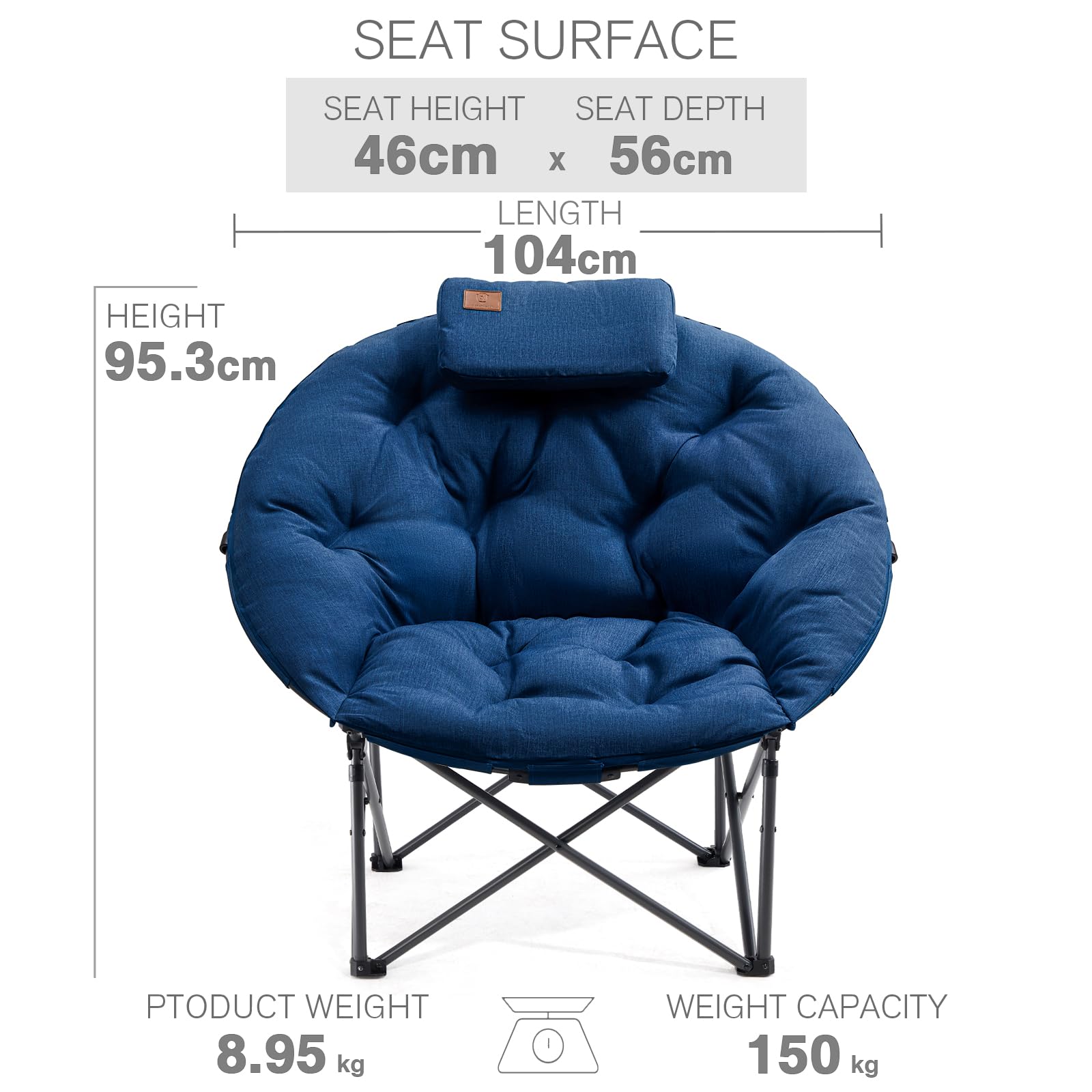 EVER ADVANCED Luksusowe krzesło kempingowe XXL, składane, obciążenie 150 kg, okrągłe, z grubą wyściółką, bardzo szerokie, do użytku na zewnątrz, na kemping, do ogrodu, na balkon, do wnętrz, niebieskie