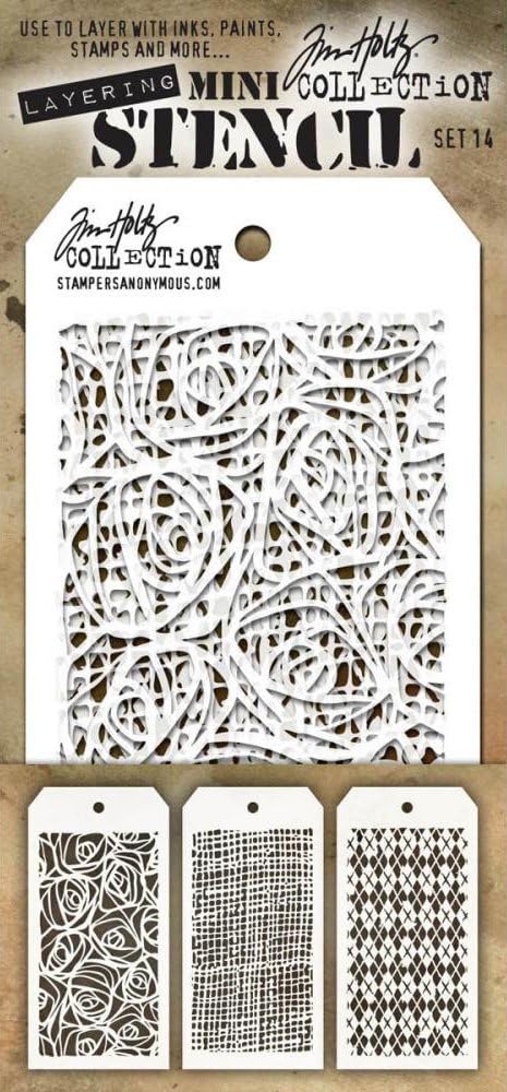 Tim Holtz - Nine Mini Layering Stencils - Herringbone, Countdown, Blocks, Scribbles, Burlap, Argyle, Arrows, Traveler and Treads - aka sets 13, 14 & 15
