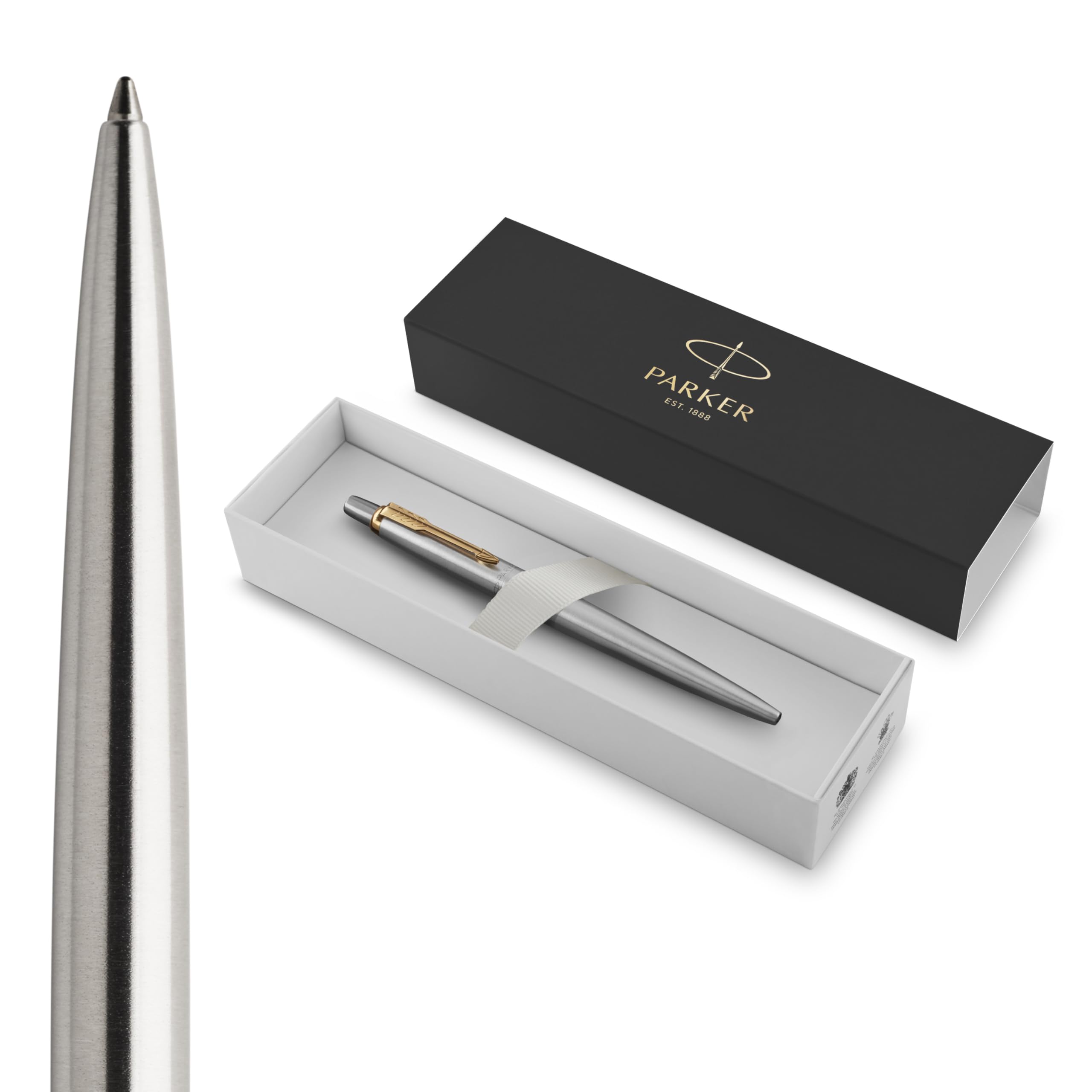 Parker1953182 Jotter Ballpoint Pen, Stainless Steel with Chrome Trim, Medium Point, Blue Ink, Gift Box Steel and Gold