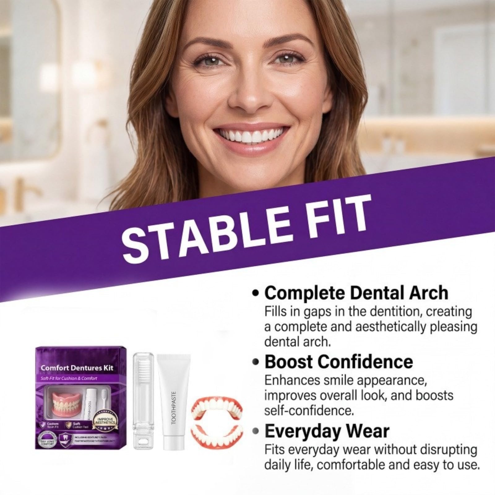 dentiera in silicone Vestibilità perfetta, adatta per uso domestico | dentiera provvisoria per mangiare, 10g Nourishing Toothpaste, Safe Non-Toxic, Stabile Fit