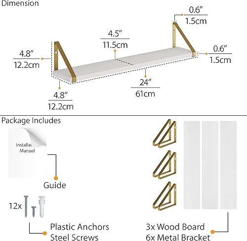 Miniatura 3 de Wallniture Ponza White Floating Wall Shelves with Gold Color Metal Brackets, Living Room, Bedroom, Bathroom, Home Office Decor, Set of 3