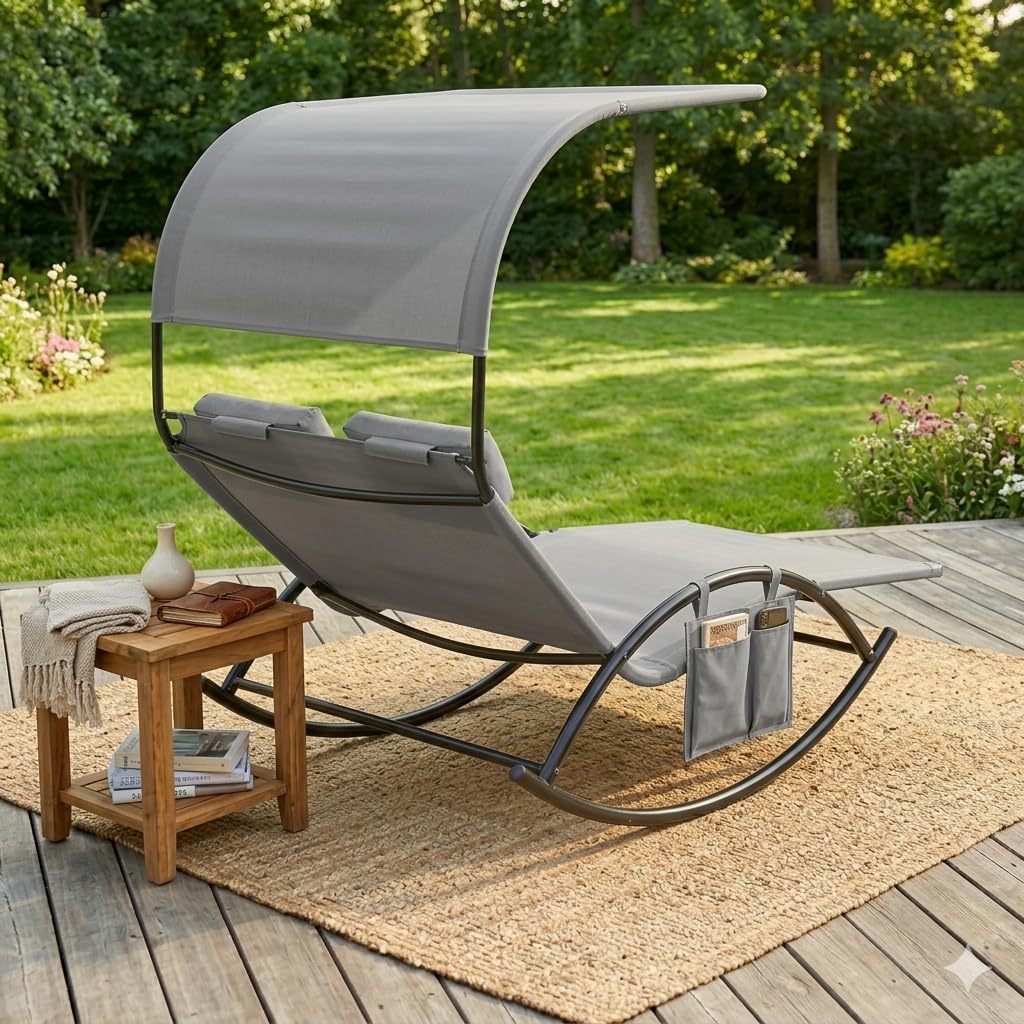 KOMFOTTEU Tumbona Doble de Jardín para 2 Personas, Tumbona Mecedora con Toldo y 2 Reposacabezas, Hamaca Basculante de Textilene, Chaise Lounge para Terraza, Piscina, Baño de Sol (Gris)