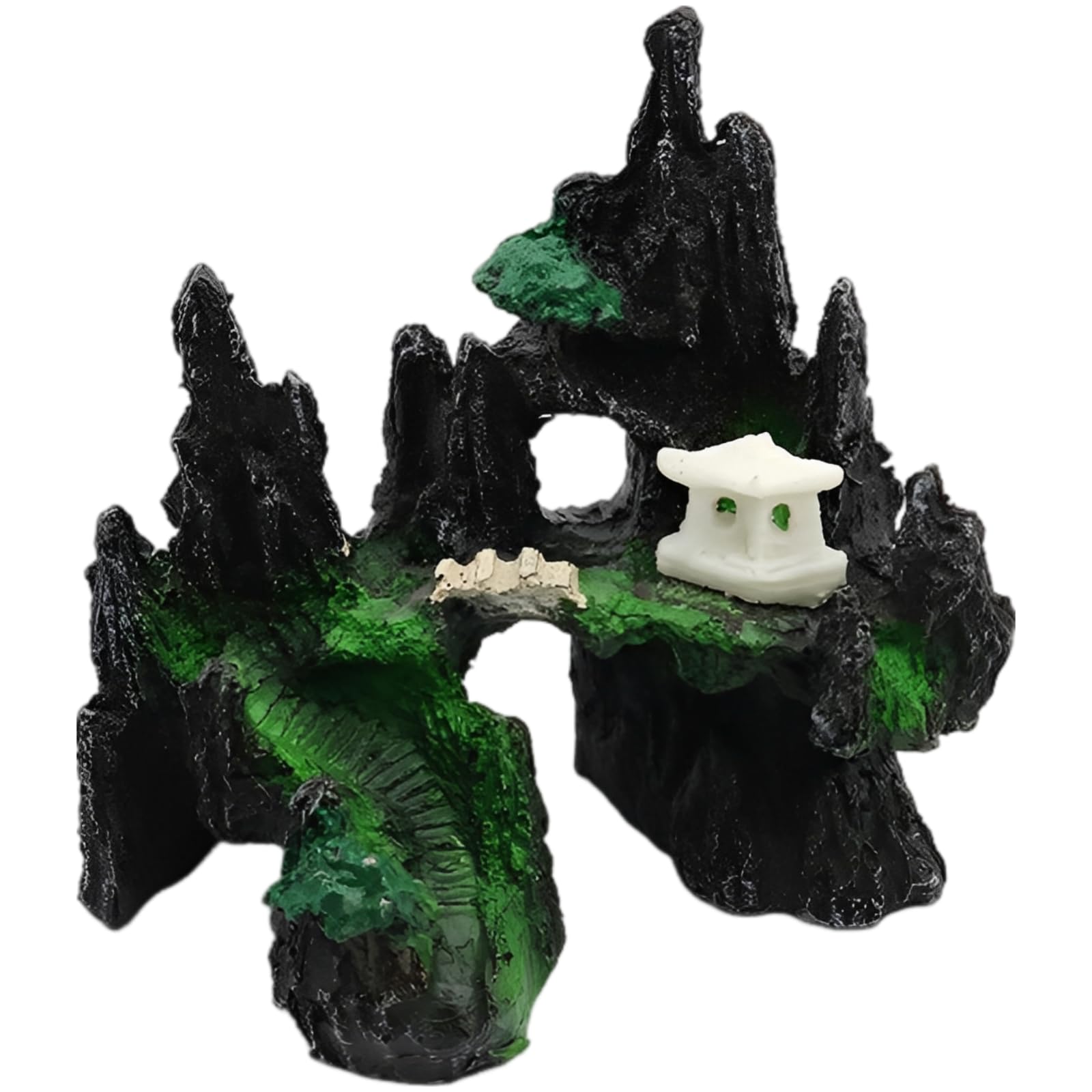 Generisch Cuccia per acquario, decorazione per pesci ornamentali, nascondiglio di montagna, paesaggio zen, decorazione in resina nera e verde, con gazebo per piccoli pesci e gamberetti