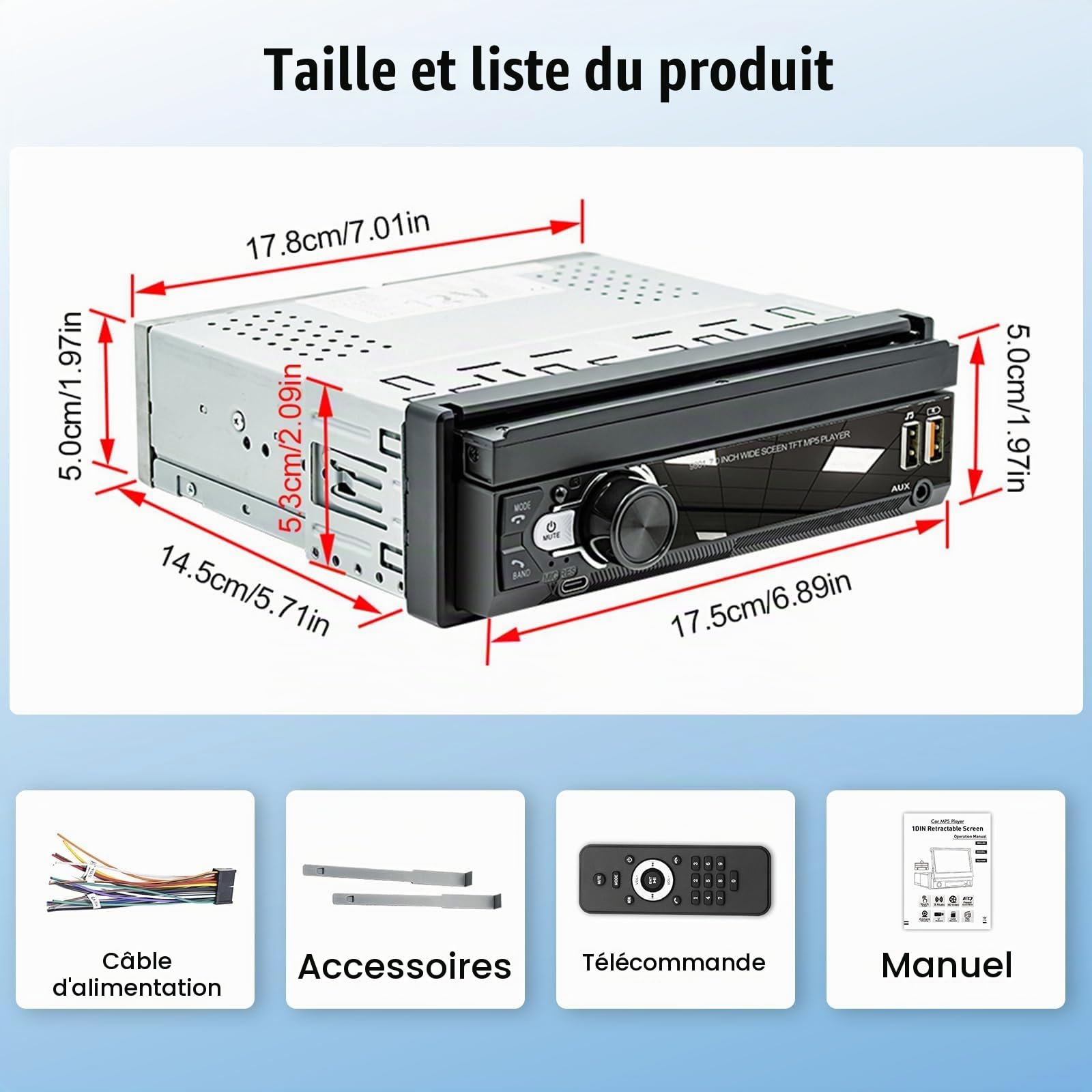Autoradio Écran Tactile 1 Din de 7 Pouces Capacitif à Déploiement Rapide avec Bluetooth Mirror Link FM/RDS SWC USB AUX + AHD Caméra de Recul