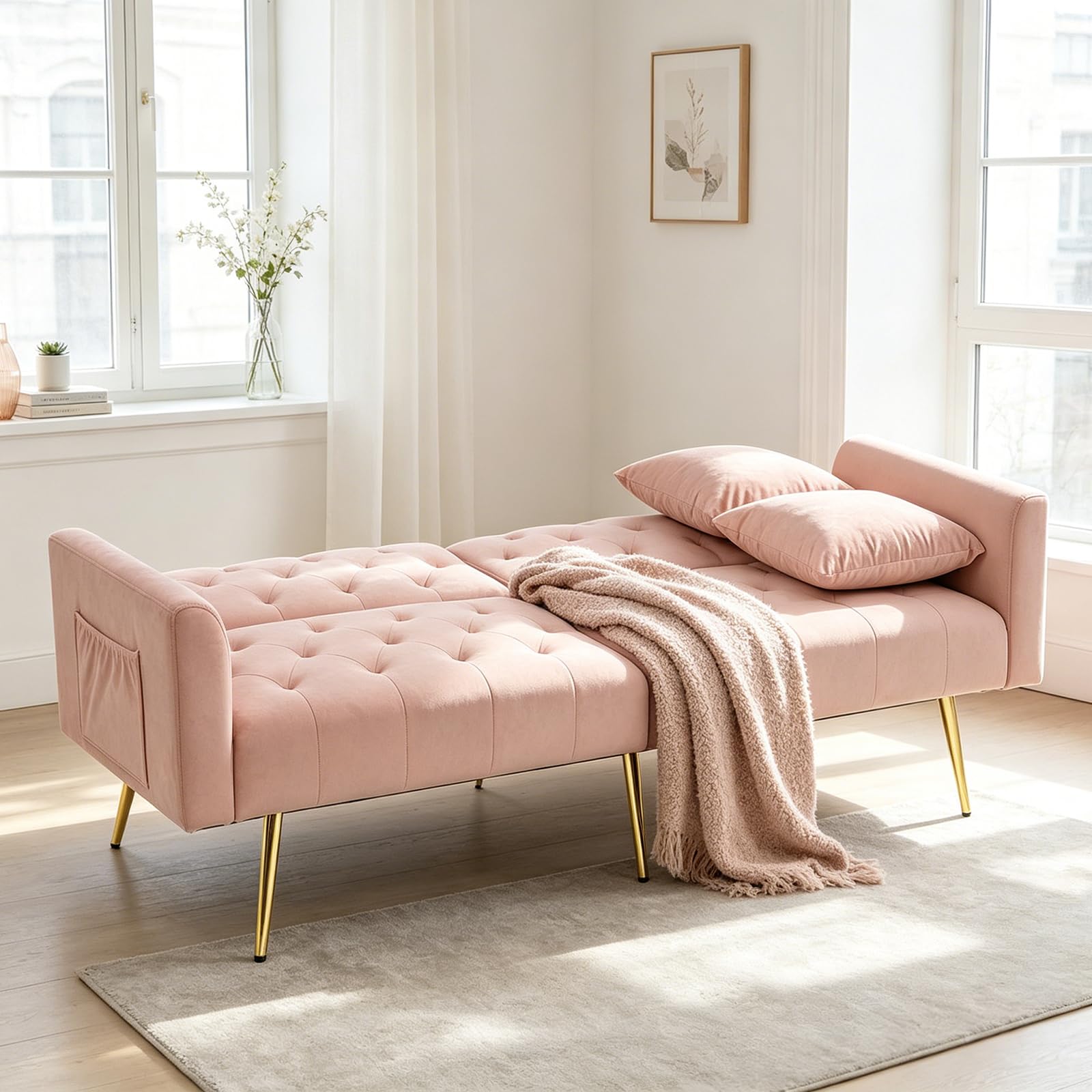 DRIXNO Schlafsofa mit Schlaffunktion, Klappsofa Sofa 3 Sitzer, 3-stufige Verstellbare Rückenlehne, 2 Beigelegte Kissen, Samtstoffe Zweiersofa, Für Wohnzimmer, Büro, Lounge, Schlafzimmer, Rosa