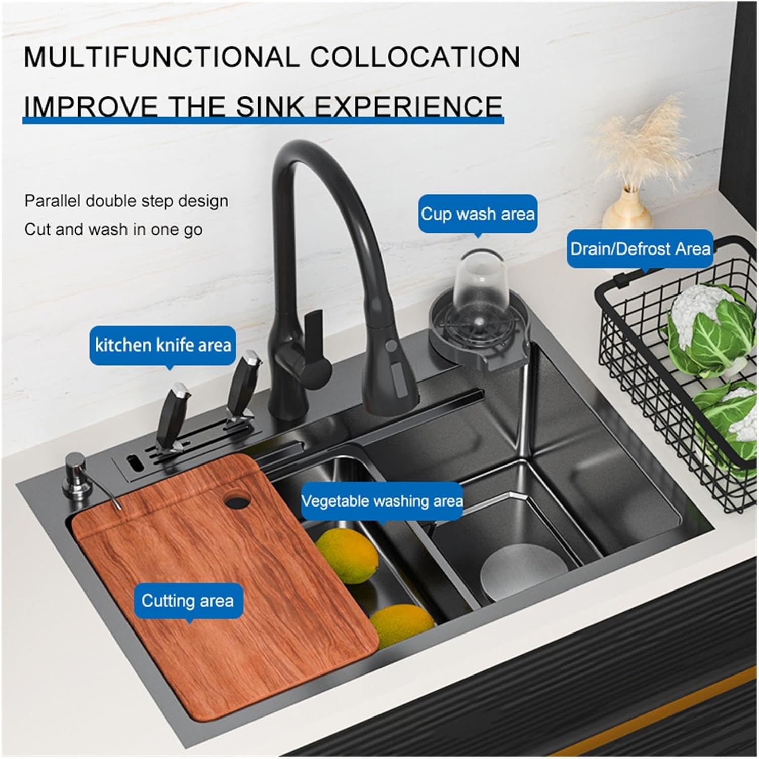 Kitchen Sink 304 Stainless Steel Topmount Sink with Knife-Holder Multifunction Single Bowl Wash Basin Kitchen Tools Accessories(60X45CM-D3)