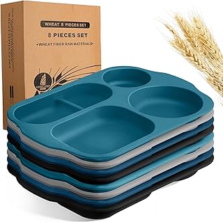 Tanlade 8 Pcs Large Unbreakable Divided Plates 12 Inch Wheat Straw Food Tray 5 Compartment Food Portion Control Tray Wheat Straw Section Plates for Adult Microwave Dishwasher Safe(Retro Colors)