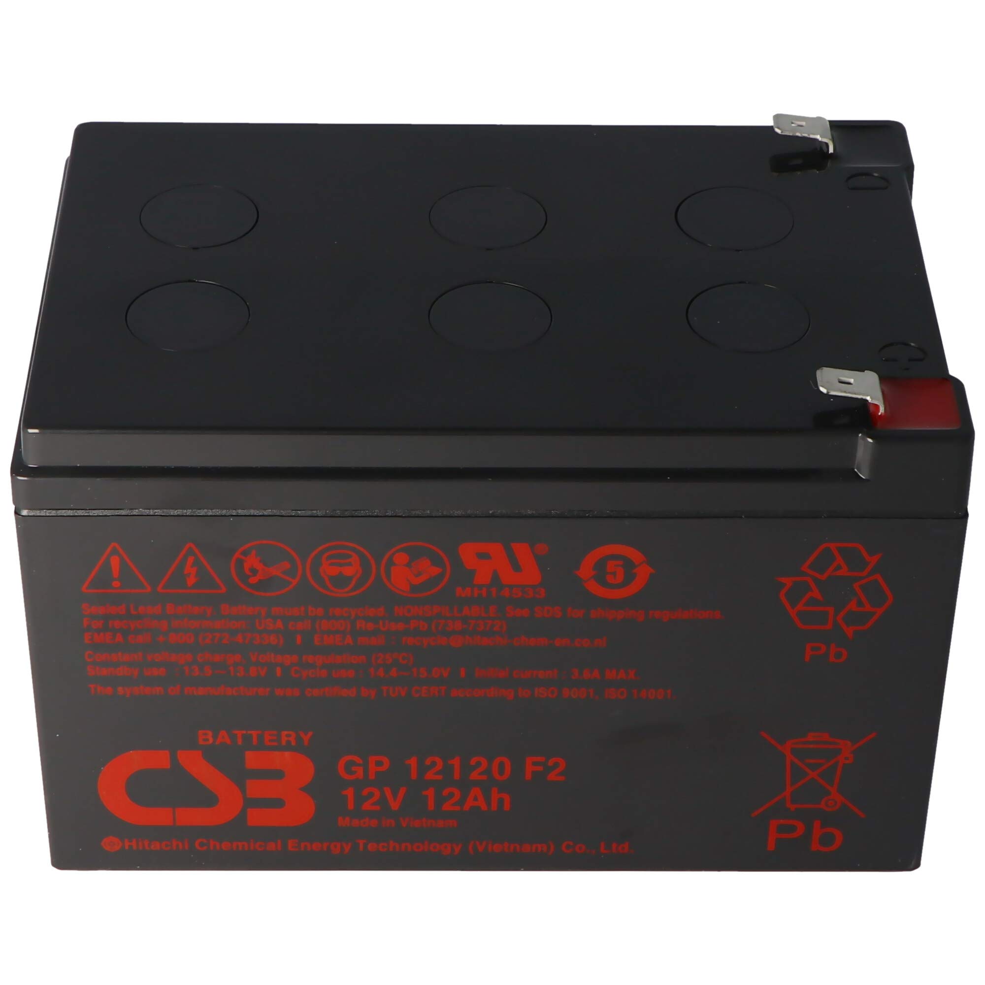 CSB -GP12120F2 - Batteria al piombo AGM 12 Volt, 12 Ah, 151 x 98 x 100 mm, Faston 6,3 mm, 5 anni di standby