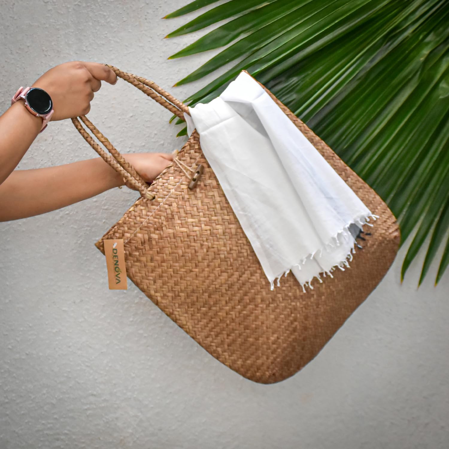 DENOVA Seagrass Shoulderbag with Handle | Beach bag, Women's Handbag, Tote Bag (Natural Brown) 2