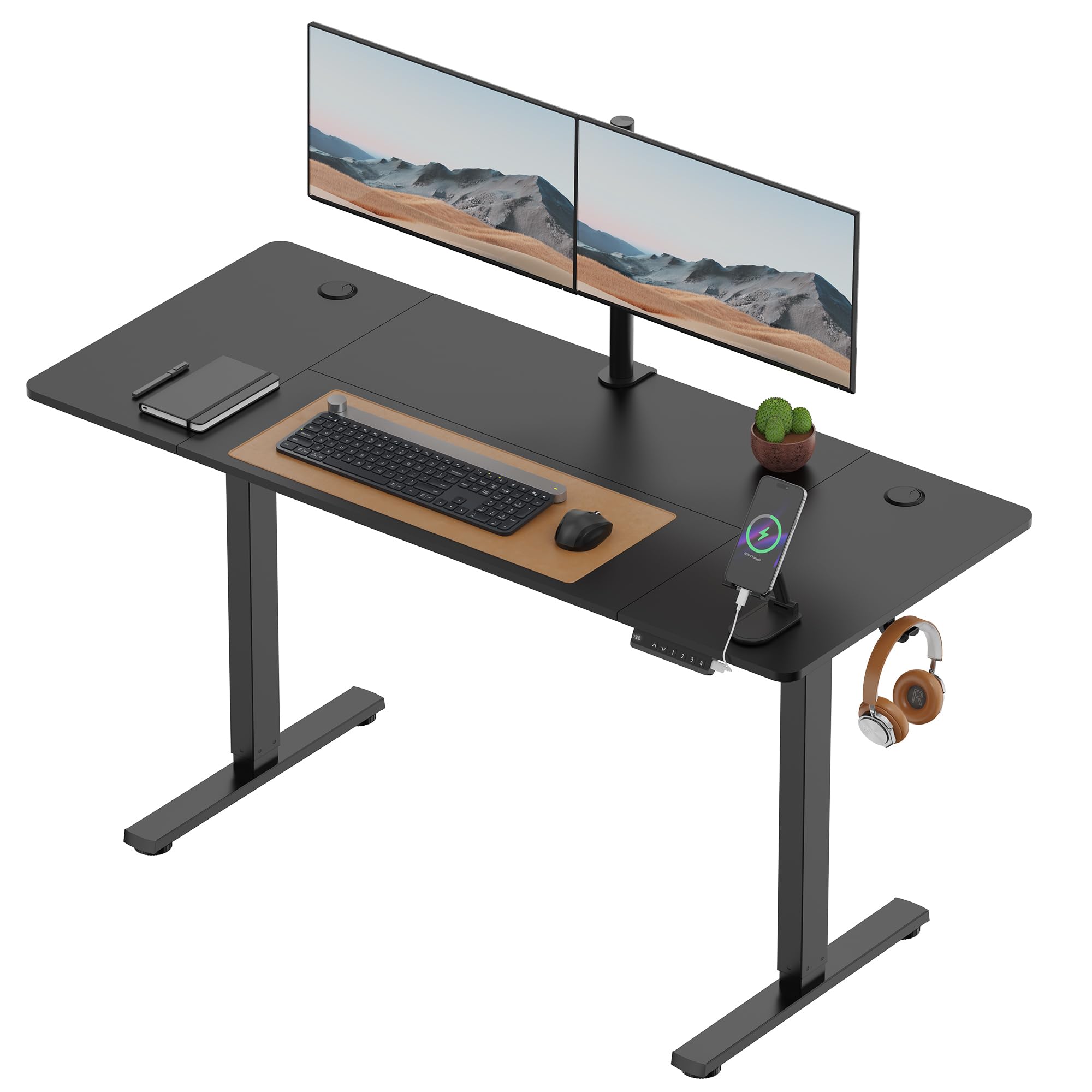 VonHaus Electric Standing Desk, USB-C Charging Height Adjustable Sit Stand Desk with Anti-Collision, Height Preset Technology & Cable Management, Black Four Piece Desktop & Steel Frame, 140x60cm