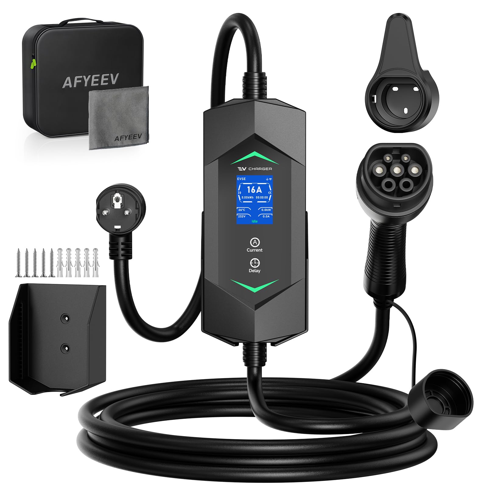Cavo di Ricarica Tipo 2 Schuko 3,68kW 5m, 6-16A 1-Fase Tipo 2 Cavo di Ricarica, Caricabatterie EV Portatile con Display Digitale, Regolazione della Potenza & Timer (0-15h) per tutti i PHEV & EV
