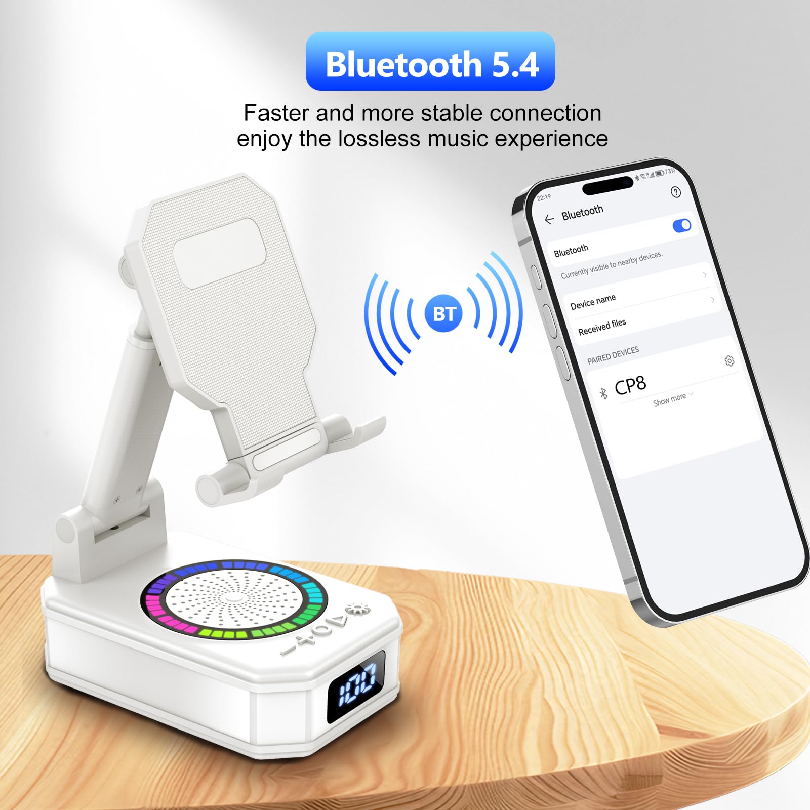 Altavoz Bluetooth Pequeño, Altavoz Portátil Bluetooth con Soporte para Móvil, Base Antideslizante, Sonido Envolvente HD, Recargable, Regalo Original para Hombre Mujer, Compatible con iOS y Android - 4