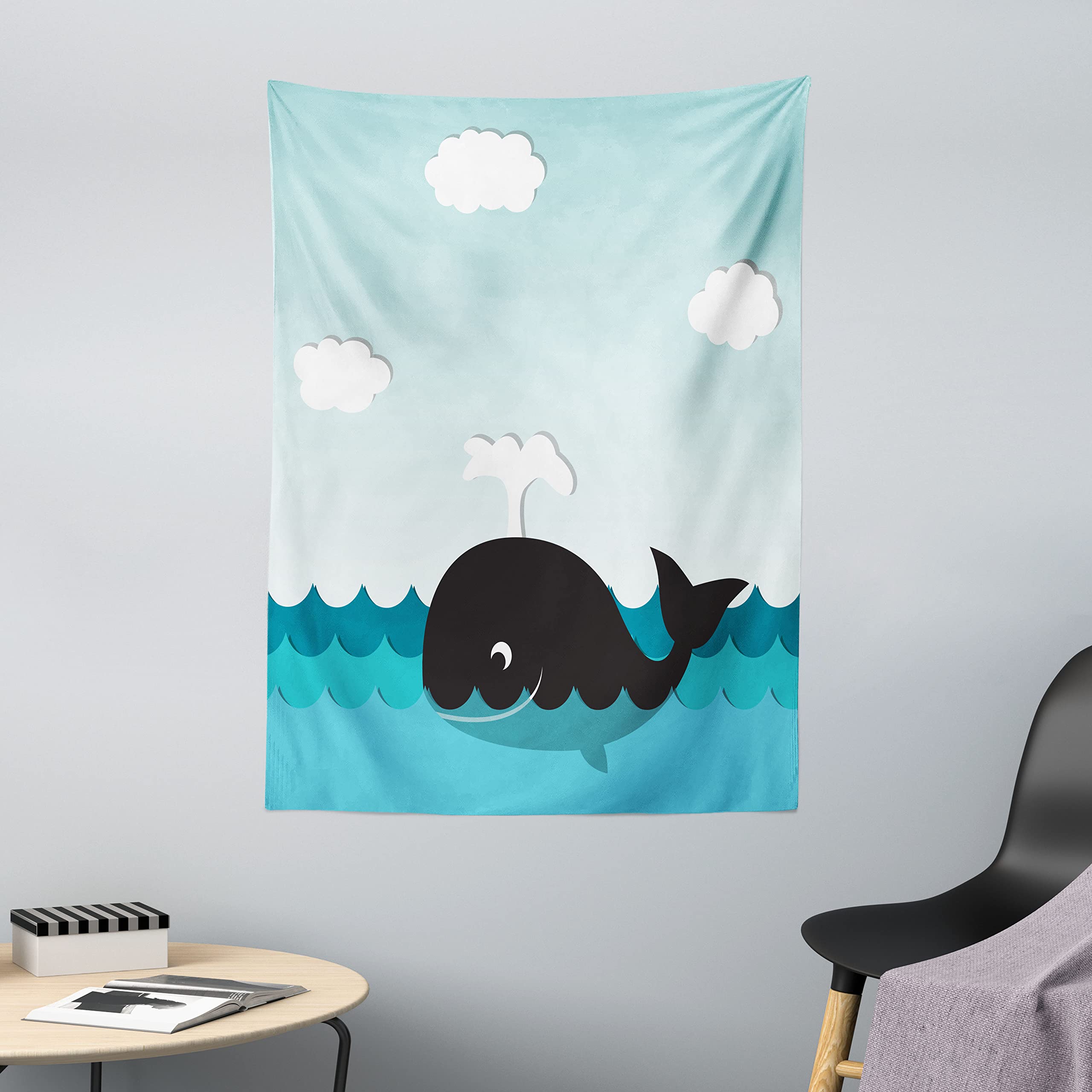ABAKUHAUS Whale Tapestry, Cute Smiling Happy Black Whale Swimming in the Wavy Sunny Ocean Cartoon Artwork