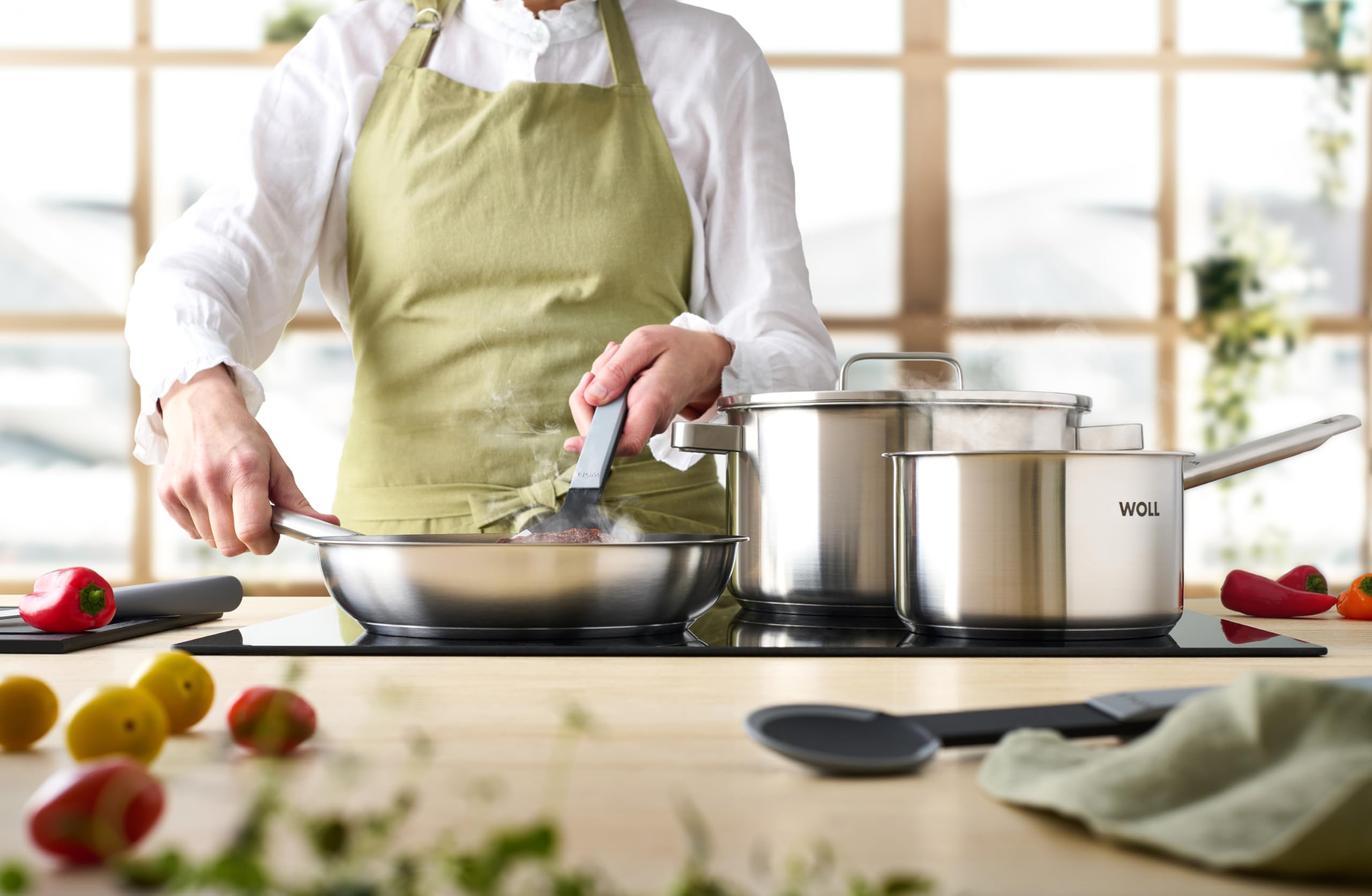 WOLL Set di pentole in acciaio inox, 7 pezzi, adatti a induzione, per tutti i piani cottura, lavabili in lavastoviglie, resistenti alla corrosione