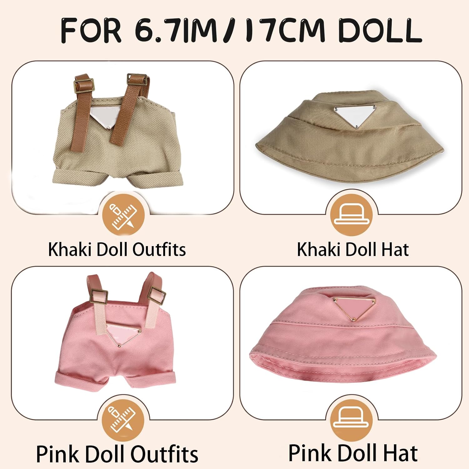 17cm Doll Clothes 2PCS Set-Cute Overalls & Hat Outfit for 15-17cm Fashion Dolls|Stylish Designer Clothing Accessories for Girl/Boy Dolls|Durable Washable Fabric, for Collectors (Khaki)