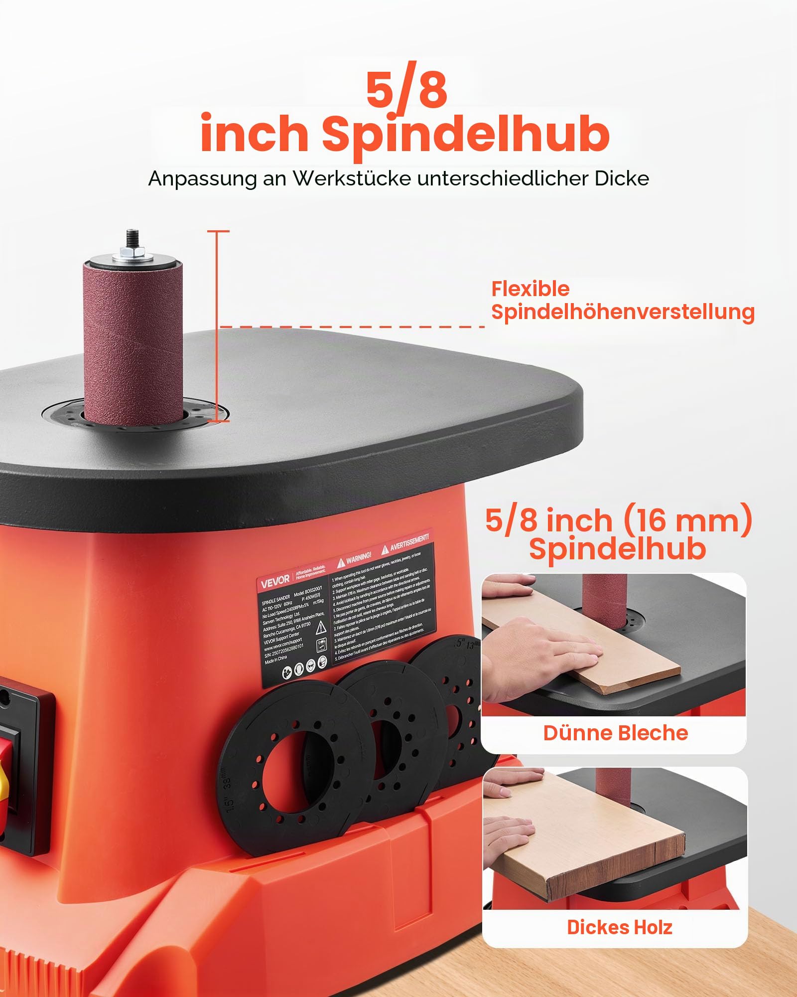 VEVOR Oszillierender Spindelschleifer, 2000 U/min Spindelschleifmaschine mit 6 Hülsen (12,7–76,2 mm), 16 mm Hub & 397x295 mm Gusseisentisch für Möbelveredelung, Kunsthandwerk & Holzbearbeitung