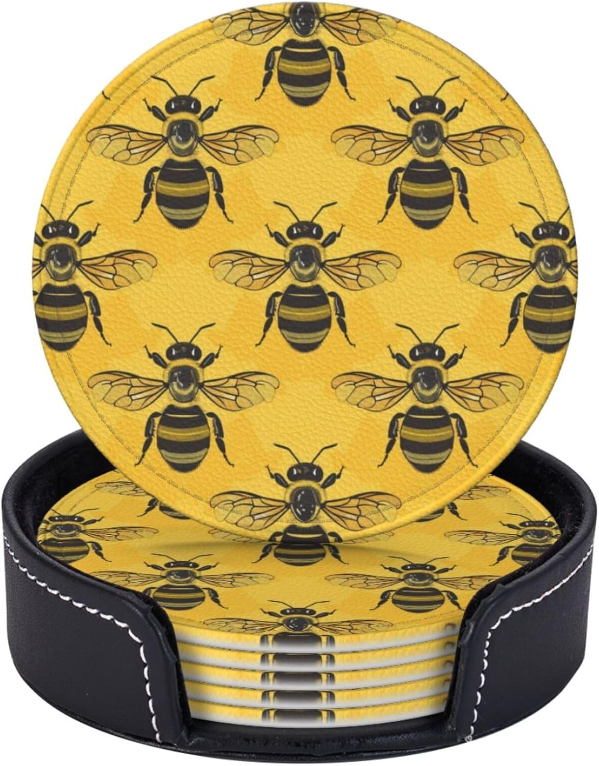 6 Pcs Bee Icon Leather Coasters for Drinks with Holder Round Mug Mat Table Desk Coasters Set Cup Coasters for Living Room Kitchen Coffee Decor