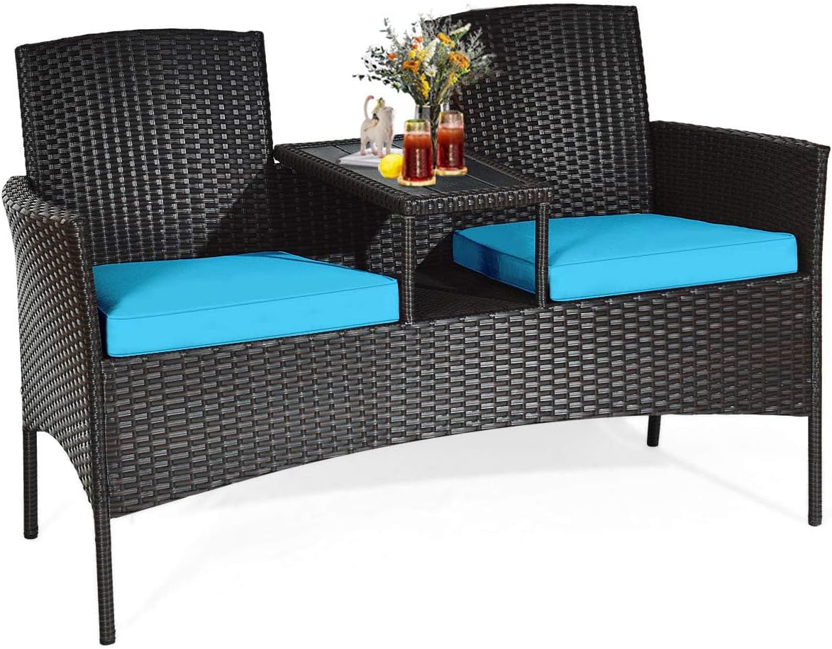 DORTALA Outdoor Patio Loveseat, Wicker Conversation Set with Cushions and Built-in Coffee Table, 2 Person Rattan Seating for Garden Lawn Backyard, Dark Brown+Turquoise