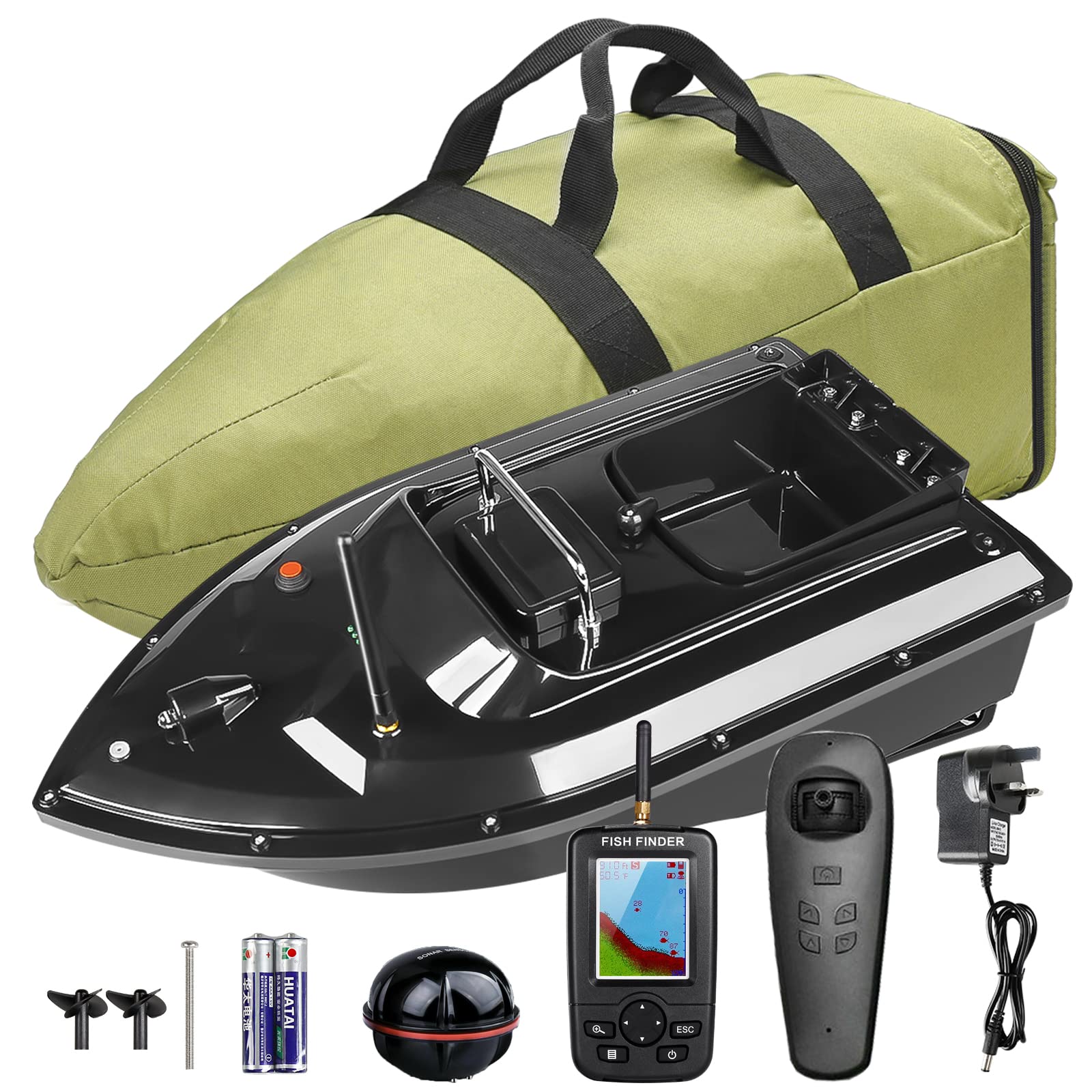 500M Wireless Fishing Bait Boat, Smart RC Speedboat, 1.5kg Loading Hopper, Dual Motors, Fishfinder with Sonar Sensor, Portable Handbag (Black Set)