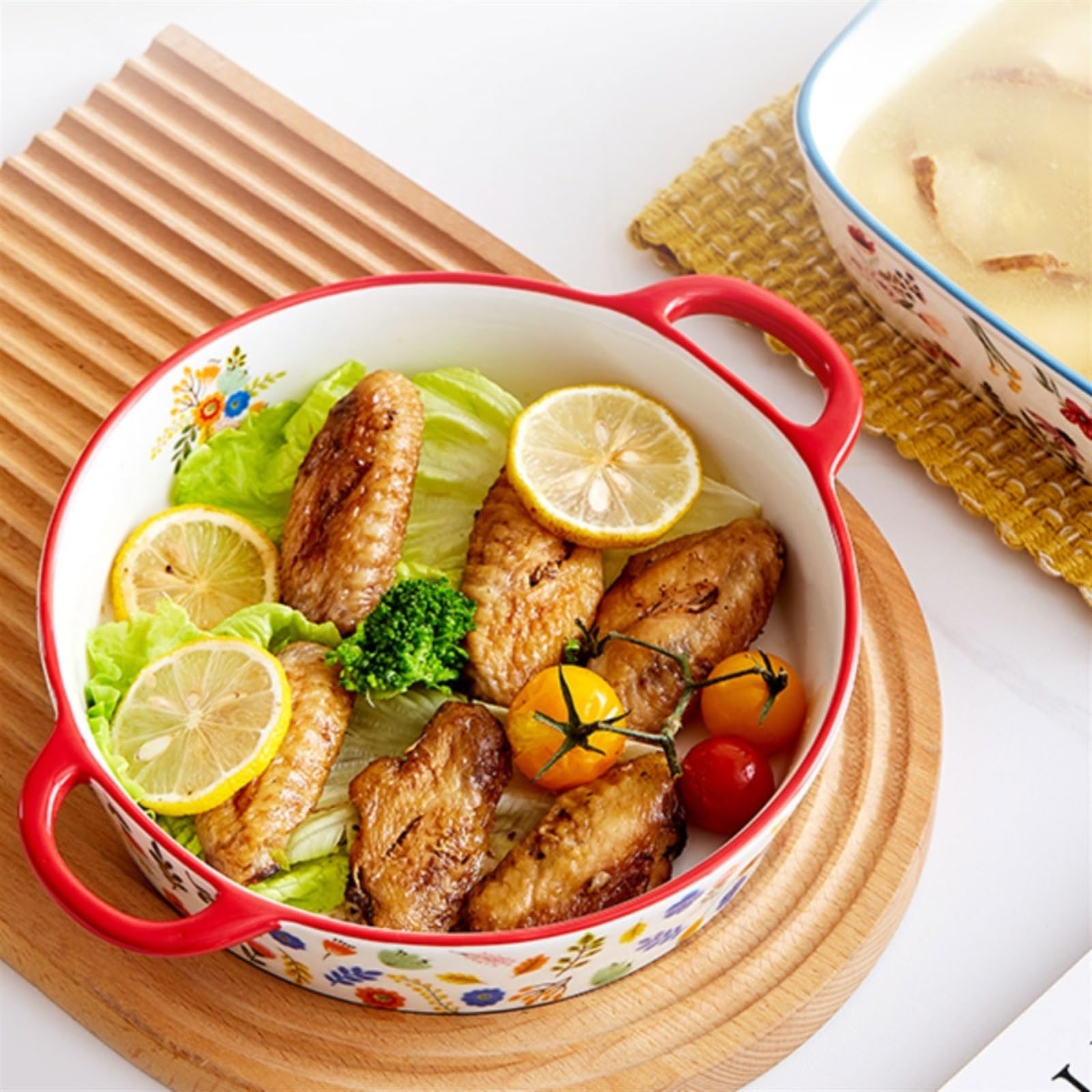 Plat de cuisson en céramique à double oreille, plat au fromage style rustique Pain