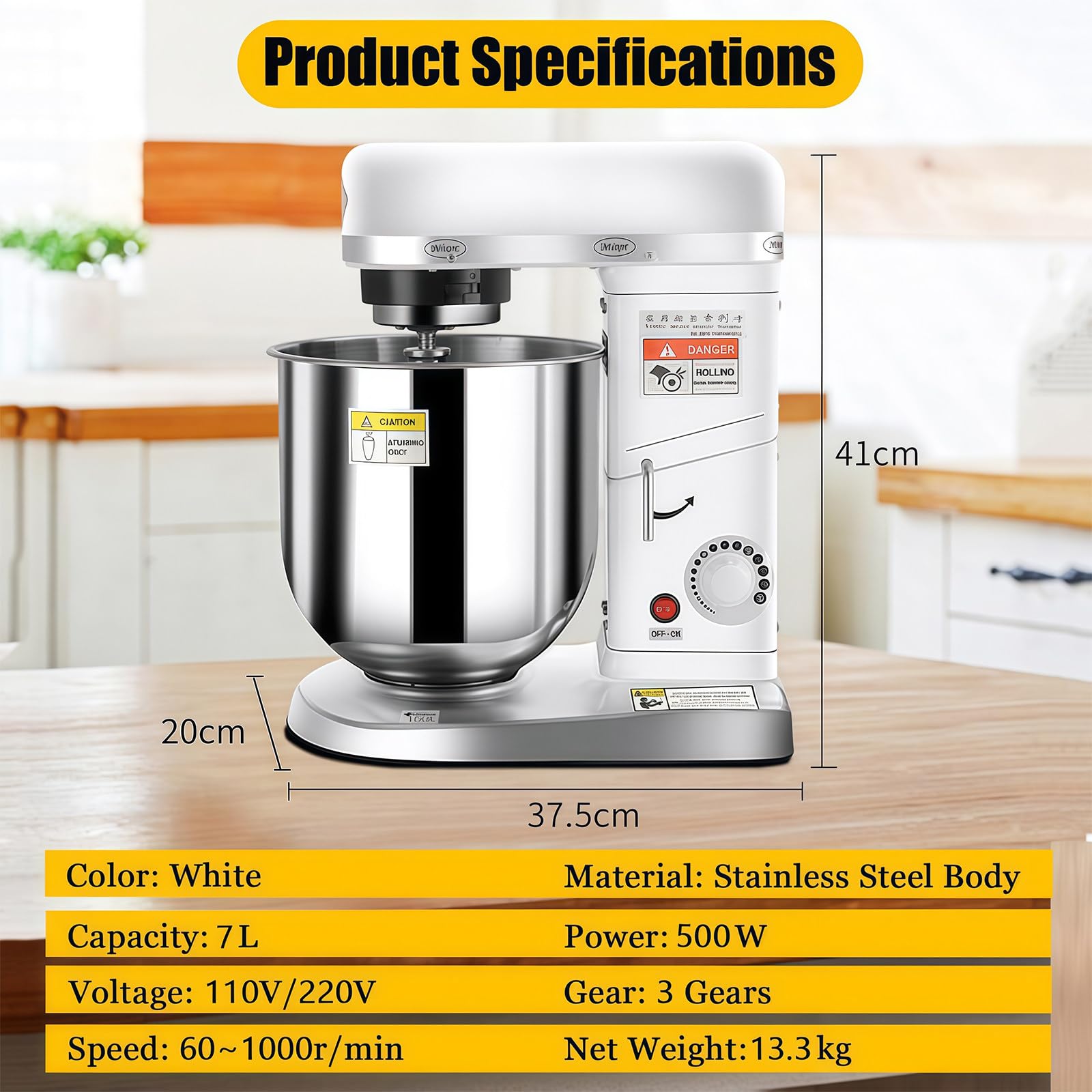 BANGBANGJI Robot De Cocina de Pie Comercial de Alimentos, 500W Batidora de Pie, 3 Velocidades Ajustables, con Bol de Acero Inoxidable, Gancho Amasador, Batidor & Varilla para Panadería Pizzería 7L