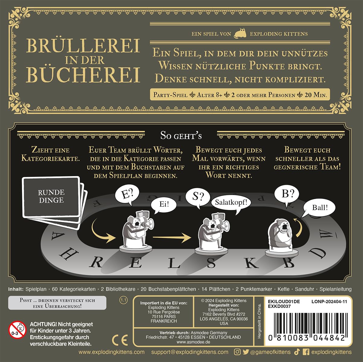 Exploding Kittens, Brullerei in Biblioteca, versione tedesca, gioco per feste con parole senza grazia per 2+ giocatori dagli 8 anni in su, pensa rapidamente, non complicato con 20 minuti di gioco