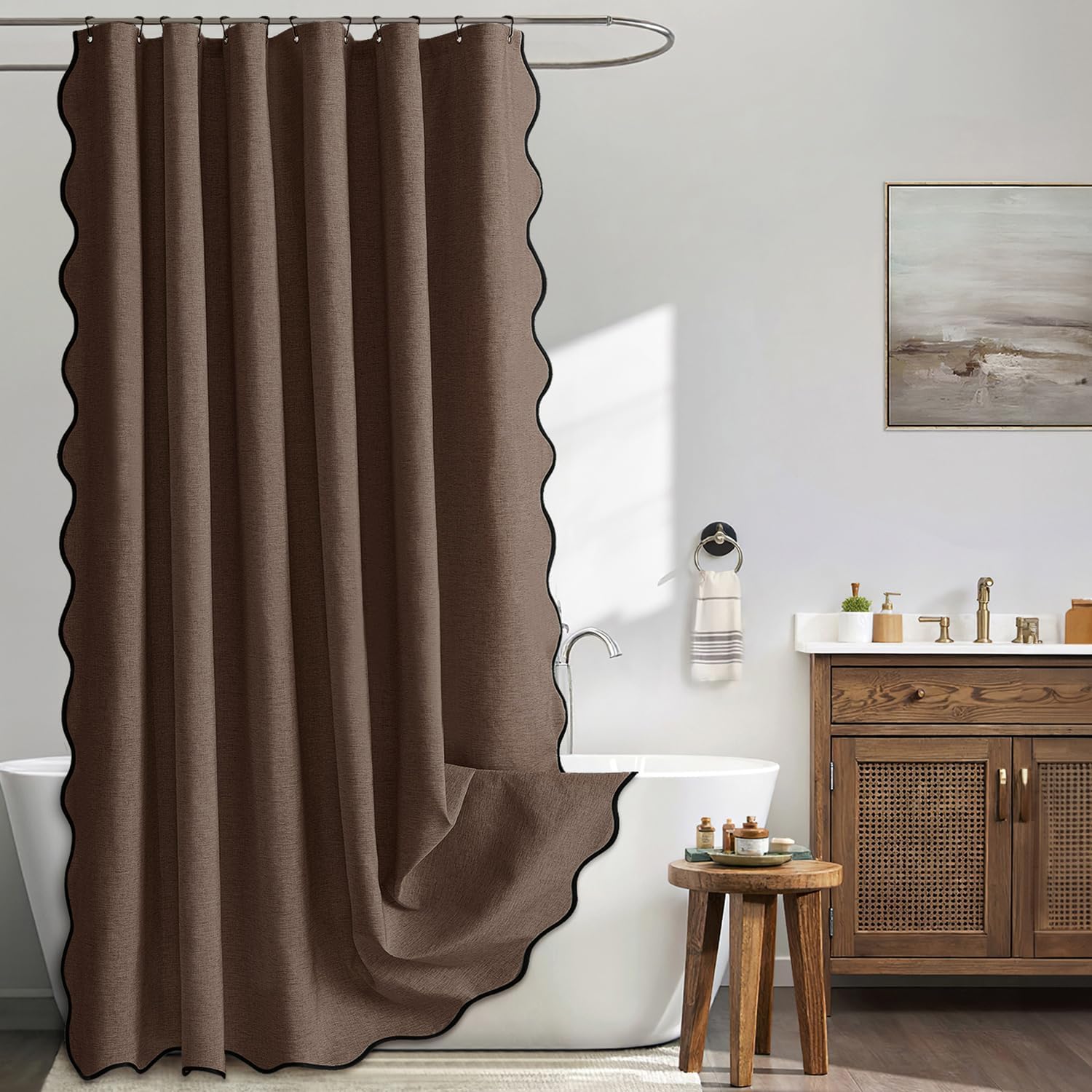 MIULEE Brown Scalloped Shower Curtain Linen Textured with 12 Metal Hooks Cute Heavy Duty Washable Waterproof Thick Cloth Shower Curtains with Black Border for Bathroom Hotel Bathtub,W72*L72 Brown 72"W x 72"L (Pack of 1)