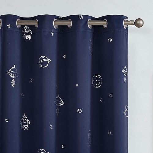 Vangao Cortinas opacas de color azul marino, cortinas espaciales para niños, guardería, habitación de niñas, estampado plateado con ojales en la