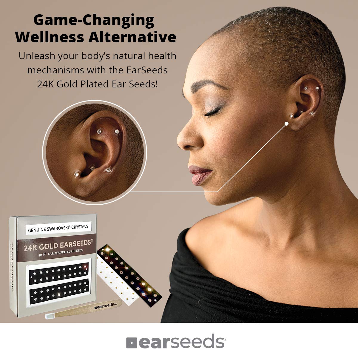 Ear Seeds 24K Gold + Swarovski Crystals EarSeeds Acupressure Kit 40 Pieces Ear Seeds with