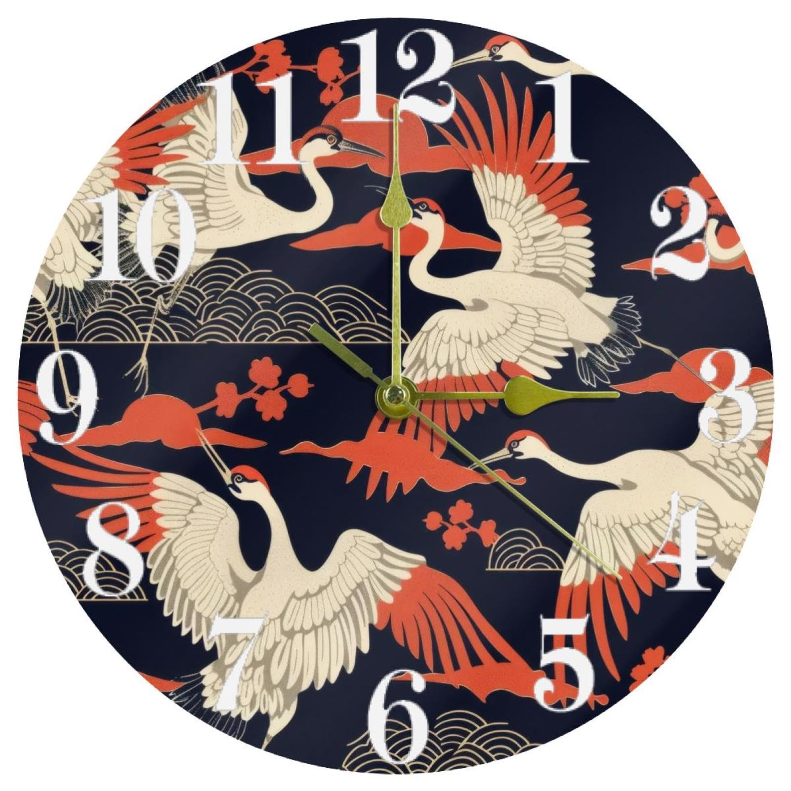VAPOKF Japanese Crane Waves Wall Clock, Silent Non Ticking Quartz Battery Operated Round Wall Clocks Home/Kitchen/Office/School Clock