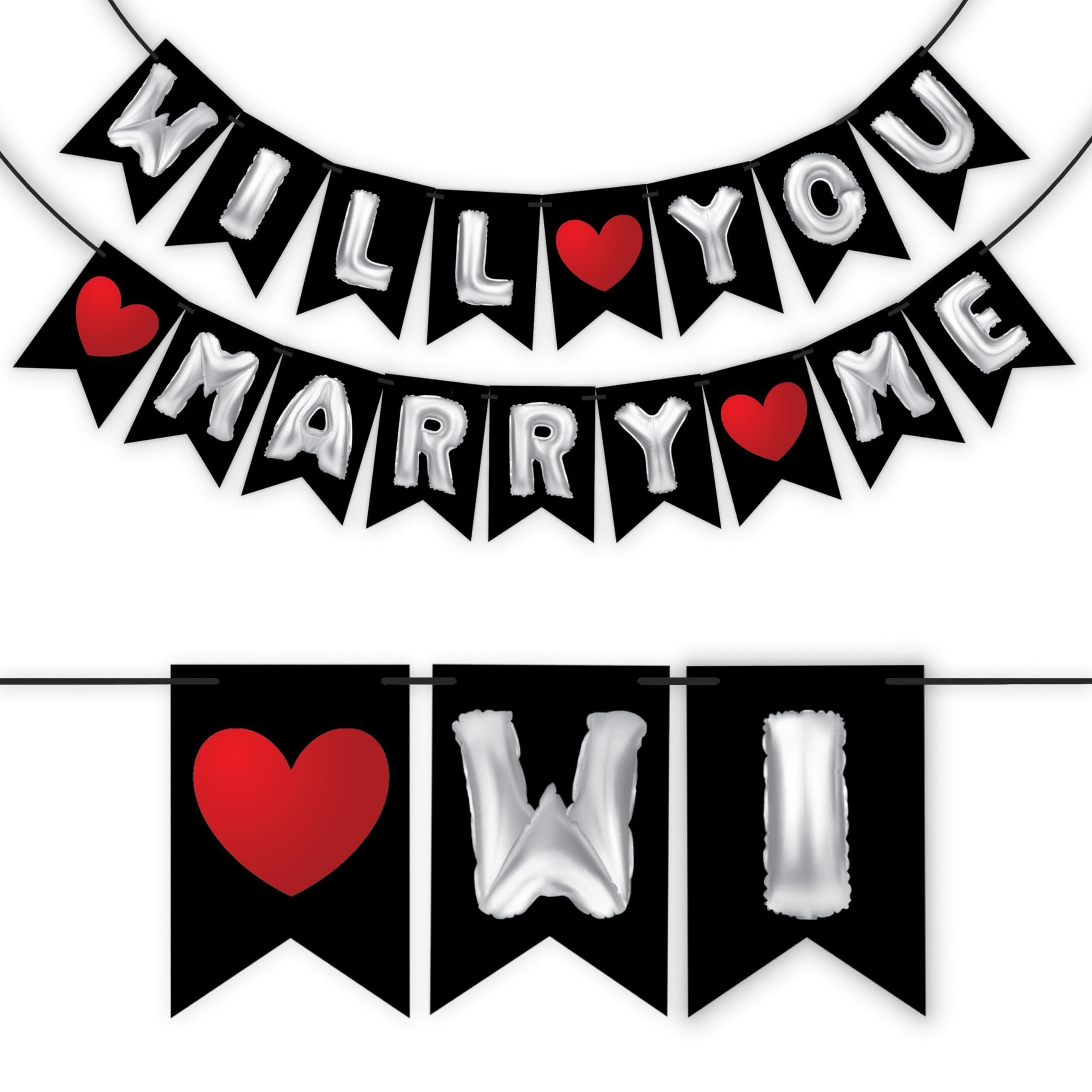 Wobbox Pre-Wedding Bunting Banner Silver Balloon Text With Red Heart Will You Marry Me, Party Decoration