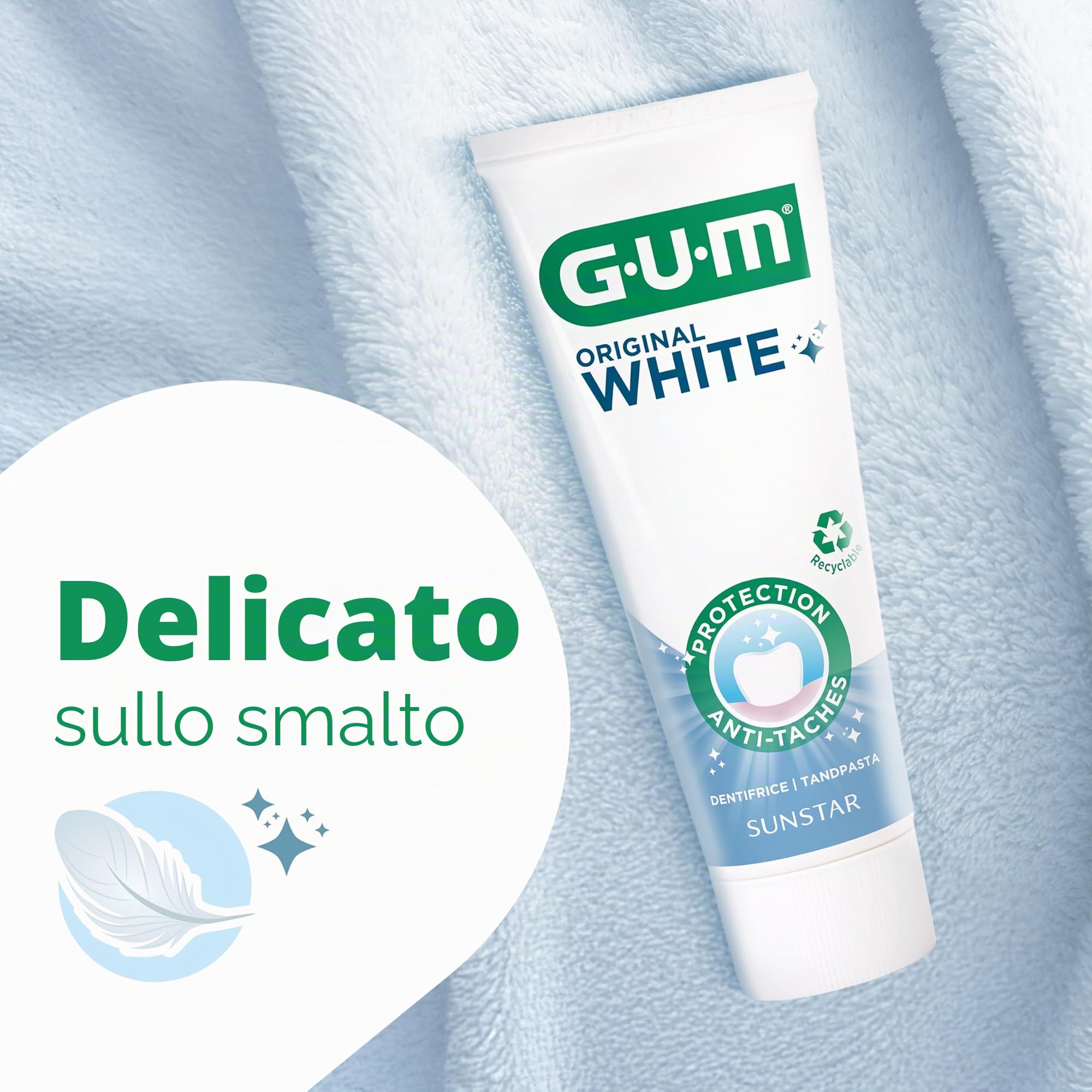 GUM Dentifricio bianco originale, ripristina il bianco originale dei denti, fluoruro e isomalto proteggono lo smalto (6 x 75 ml)