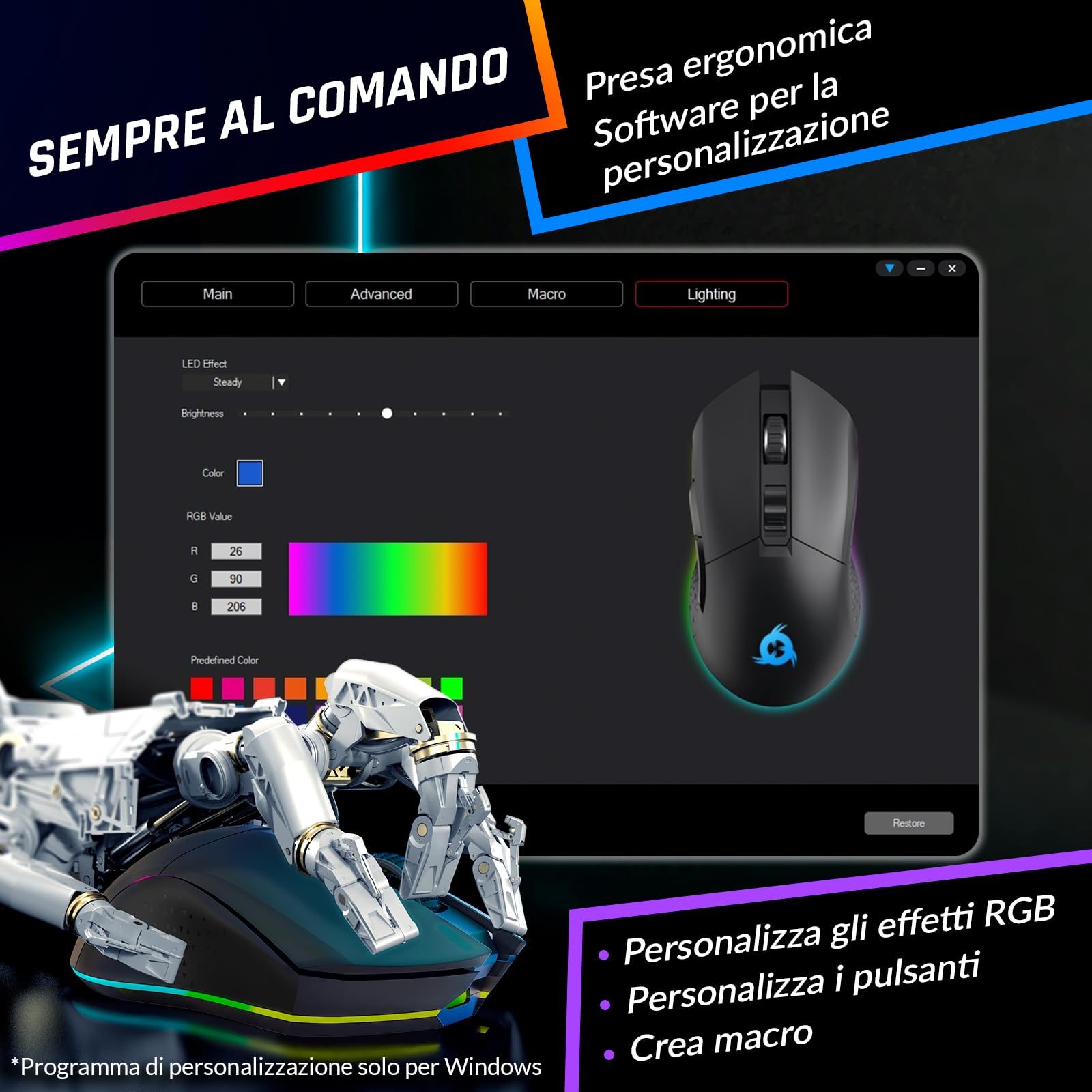Blaze Mouse Gaming Wireless RGB Ricaricabile, Regolabile Fino a 10000 DPI | Sensore ad Alta Precisione con Batteria di Lunga Durata, Modalità e Cavo, Libertà Totale per Dominare il Gioco - Black