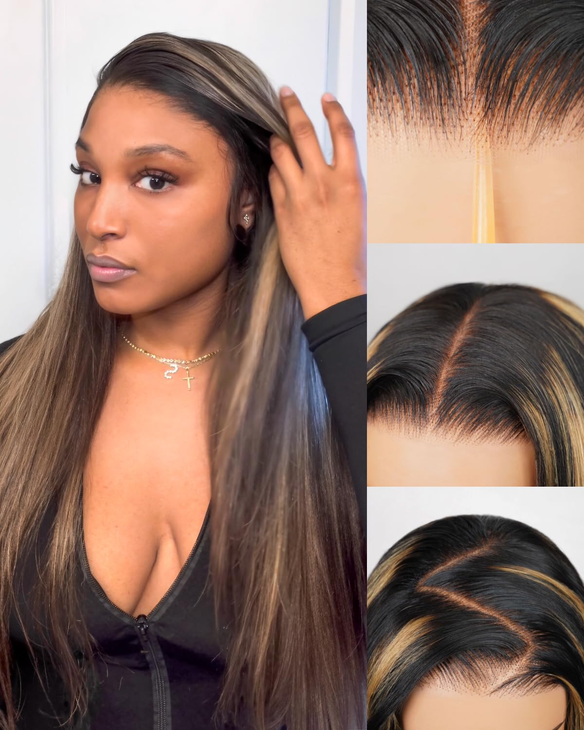 Megalook hair Glueless Wigs Human Hair Pre Plucked Pre Cut Balayage Wig Human Hair 6x5 Lace Closure Wig Human Hair 220% Density Highlight Straight Wig