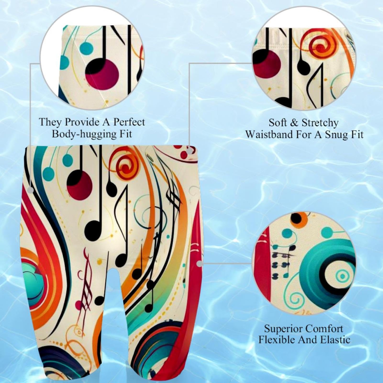 Colorful Music Notes Swimsuit for Men & Boys,Competition Lap Swim Suit, Square Leg Endurance Training
