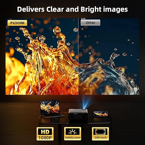 Miniatura 5 de FUDONI Proyector con WiFi y Bluetooth 4K compatible, proyectores de películas para exteriores mejorados de 16000L para exteriores Native 1080P FHD,