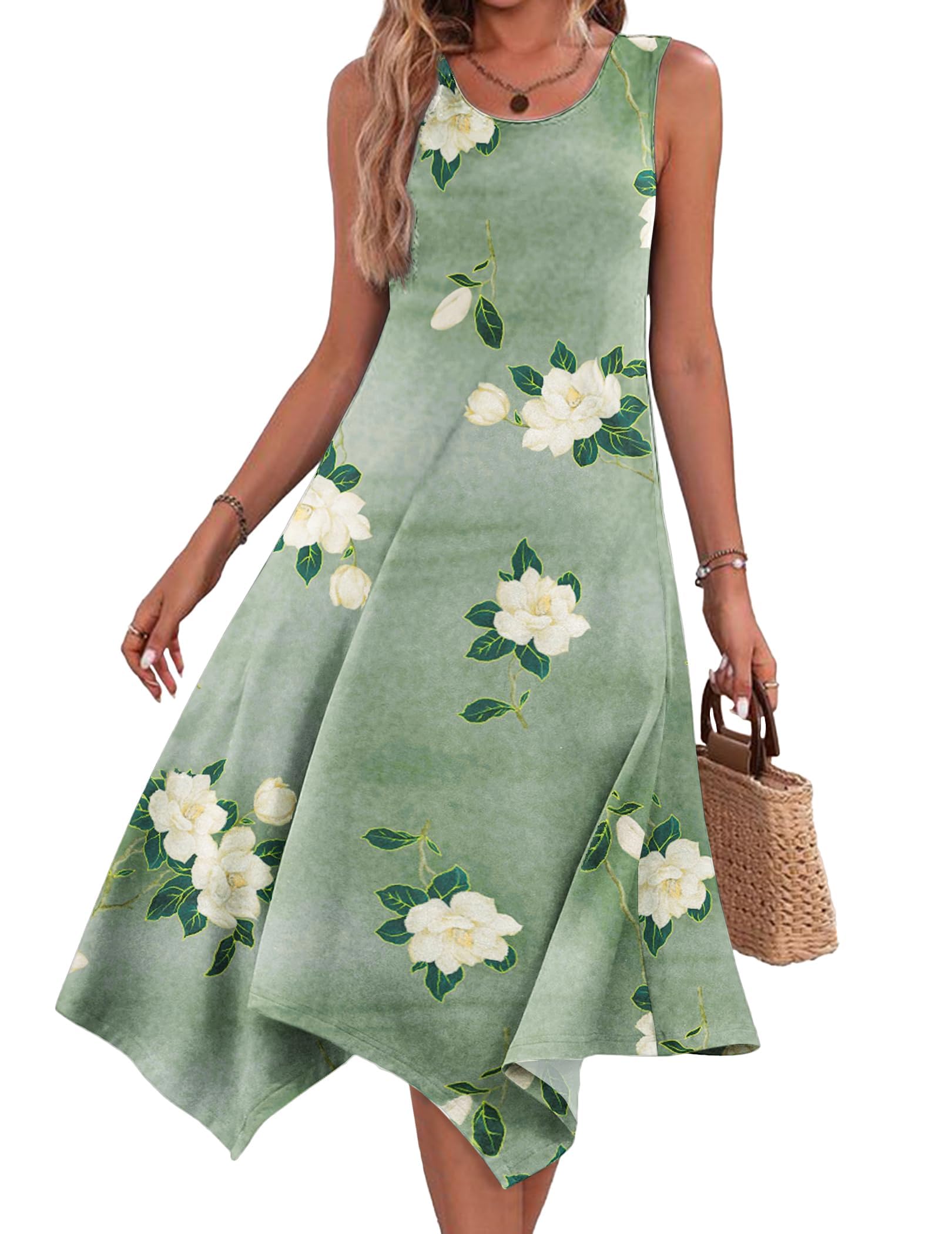 EIRUKON Vestidos Verano Mujer Casual Sin Mangas Cuello Redondo Estampado de Flores Vestido Vacaciones Midi Vestidos con Bolsillos