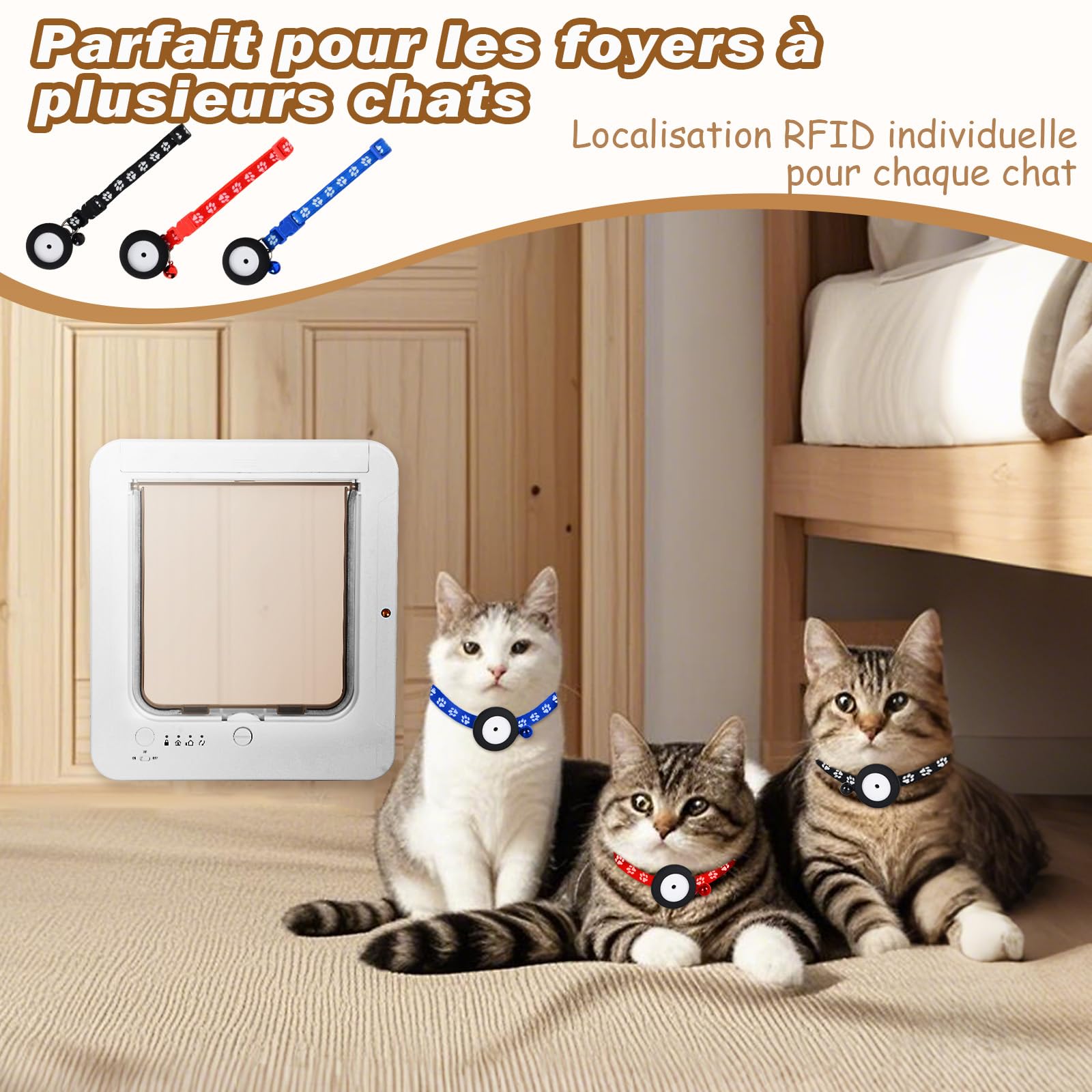 Chatiere pour Chat Puce Electronique, Accès Sélectif pour Votre Chat, Empêche Les Étrangers d'Entrer, Installation Facile, avec 3 Clés de Détection de Collier & 1 Télécommande